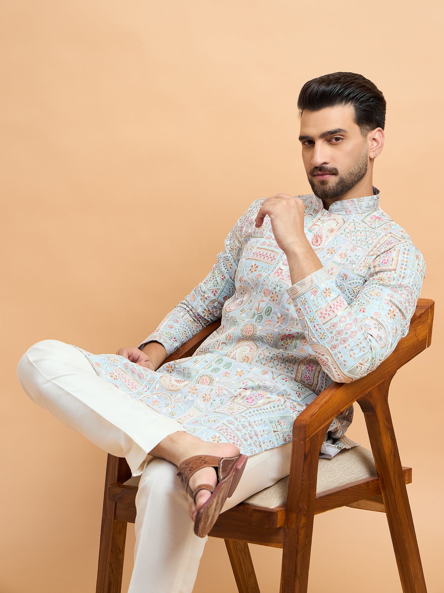 Sky Blue Silk Print With Embroidery Kurta Set