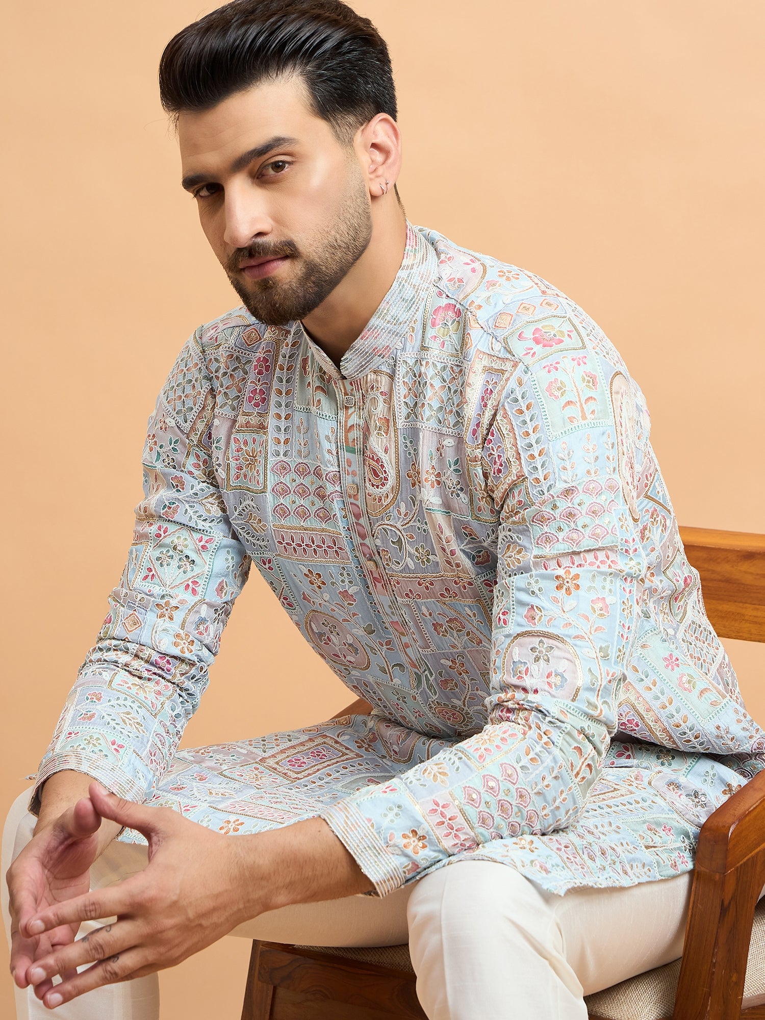Sky Blue Silk Print With Embroidery Kurta Set