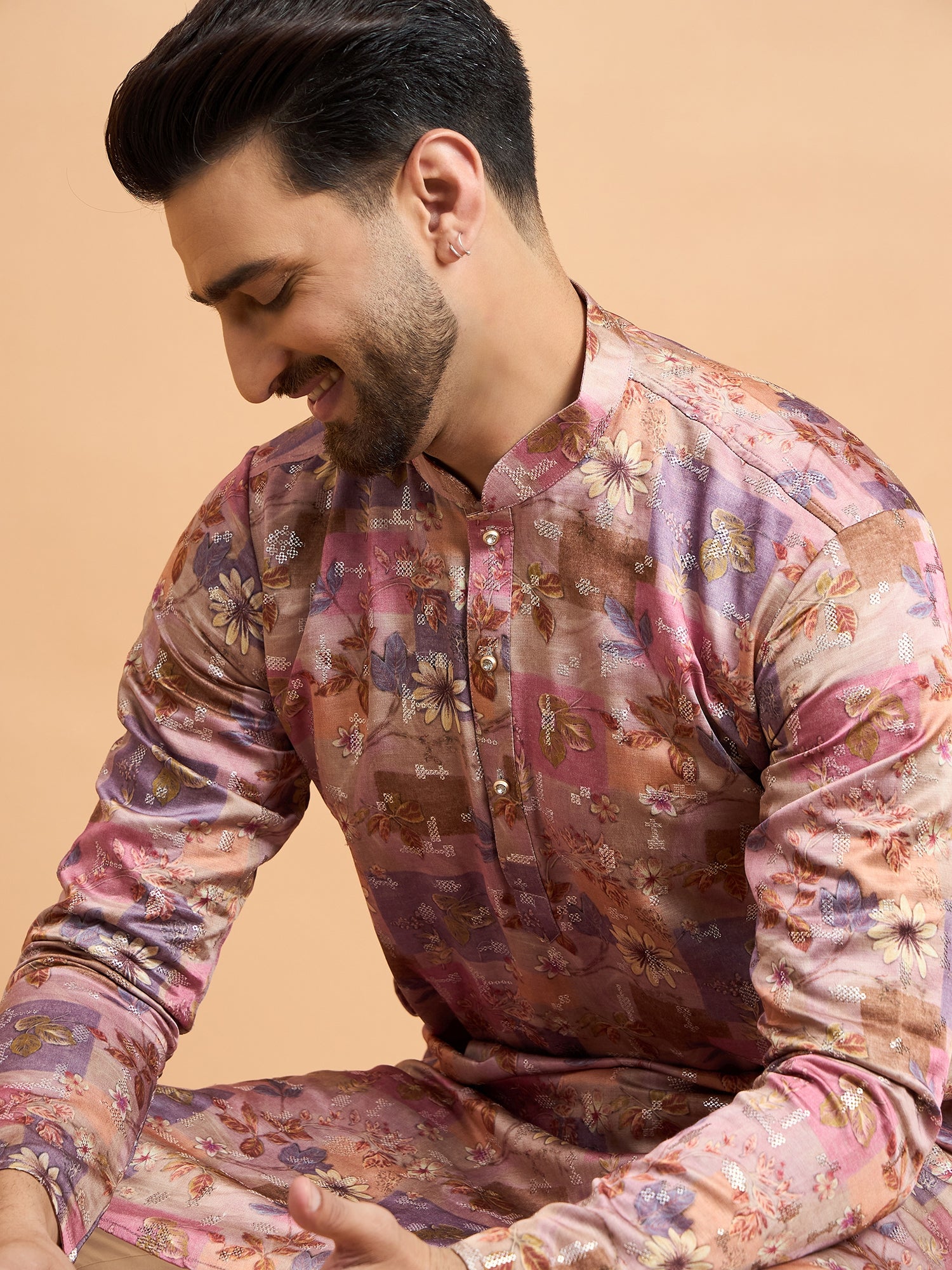 Multi Print Mal Silk Kurta Set