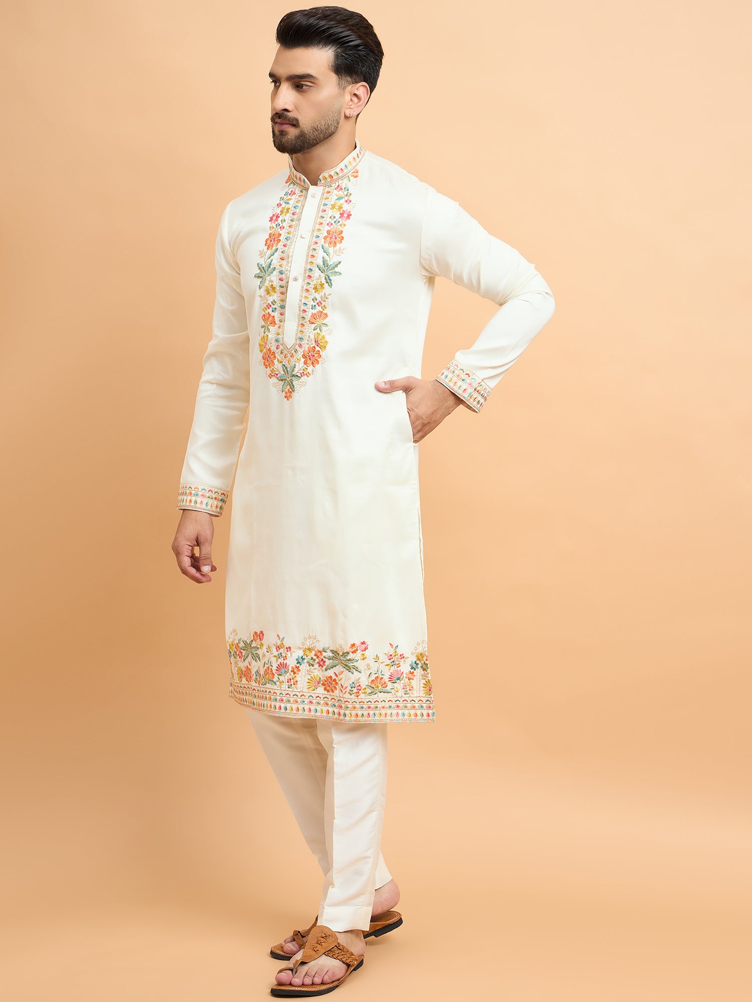Cream Trending Kashmiri Work Kurta Set