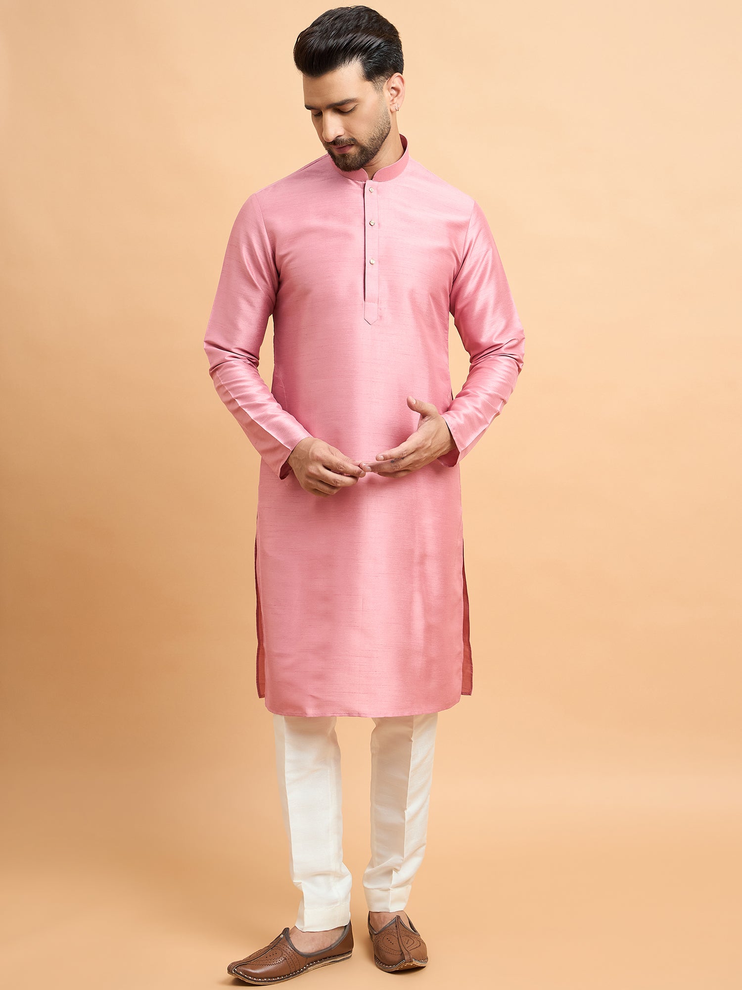 Rose Pink Kurta With Brocket Nehru Jacket Set