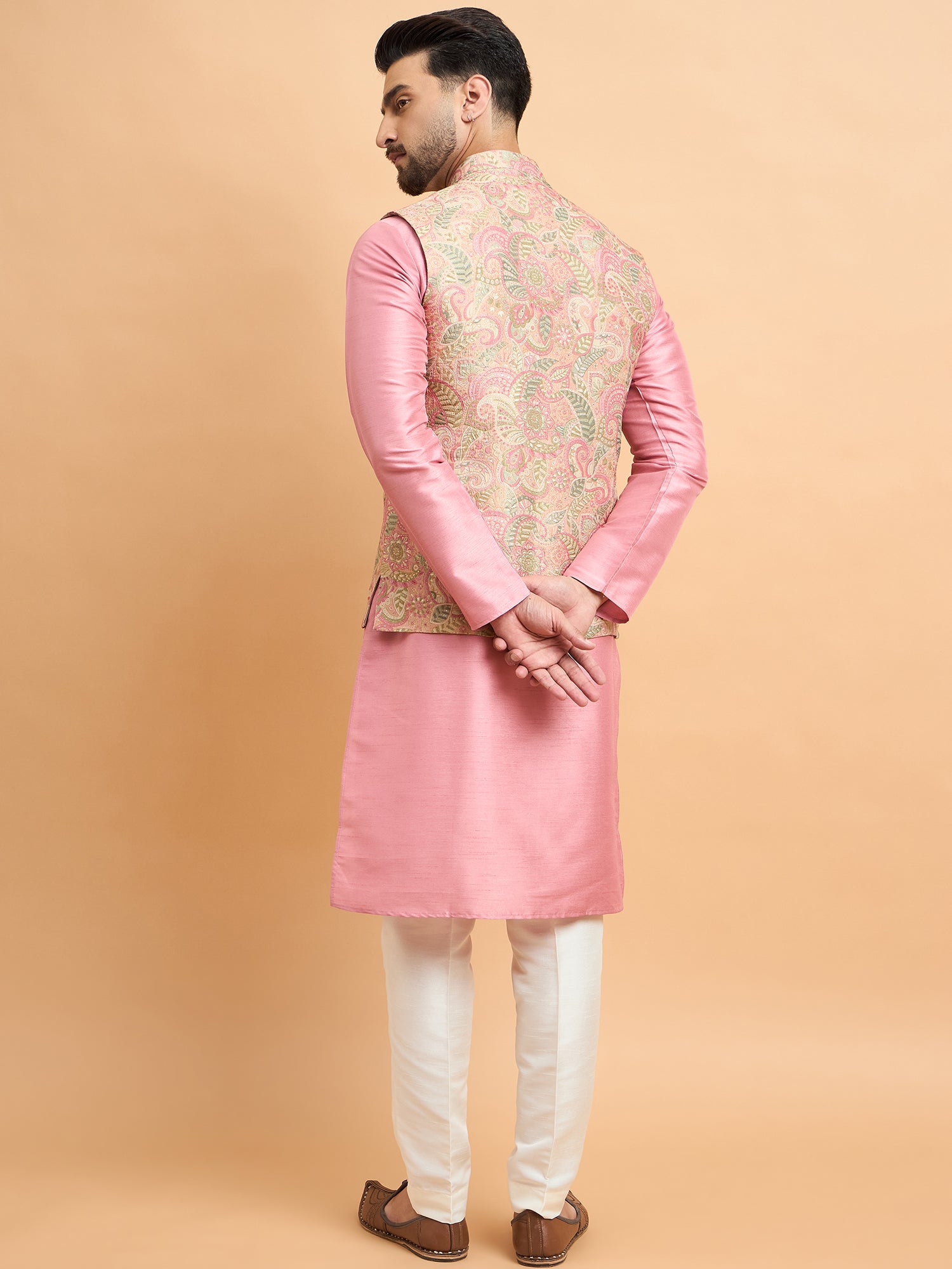 Rose Pink Kurta With Brocket Nehru Jacket Set
