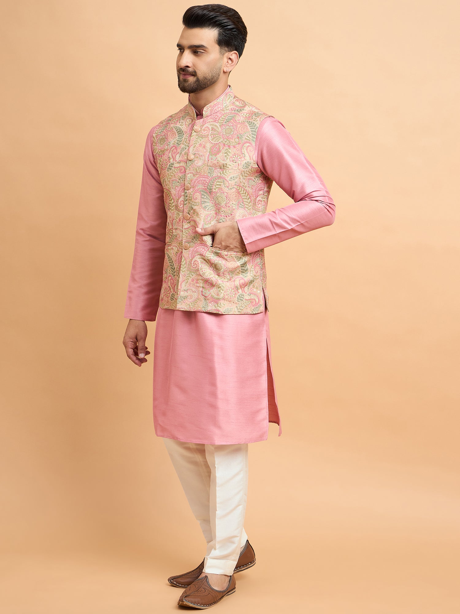 Rose Pink Kurta With Brocket Nehru Jacket Set