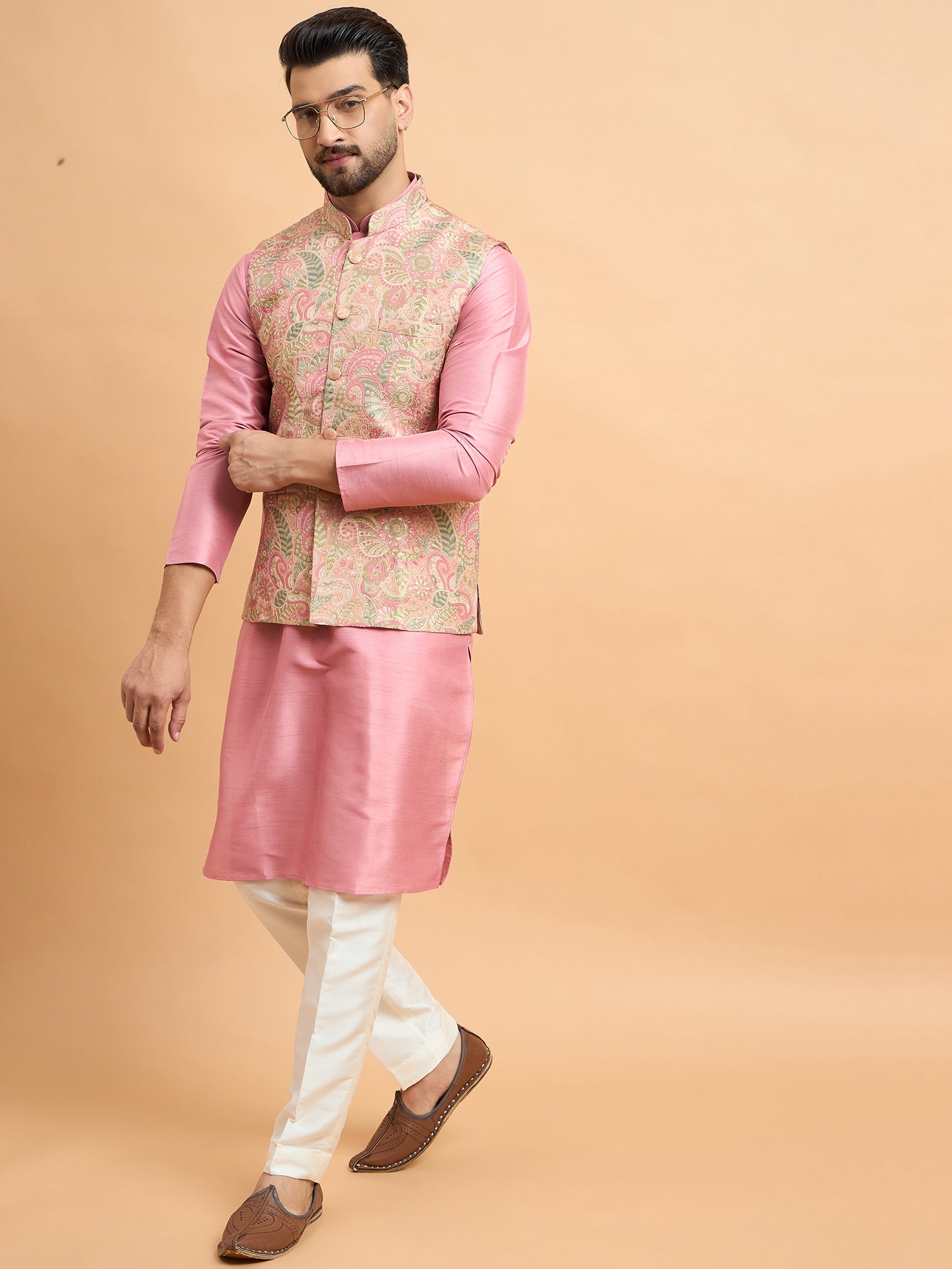 Rose Pink Kurta With Brocket Nehru Jacket Set