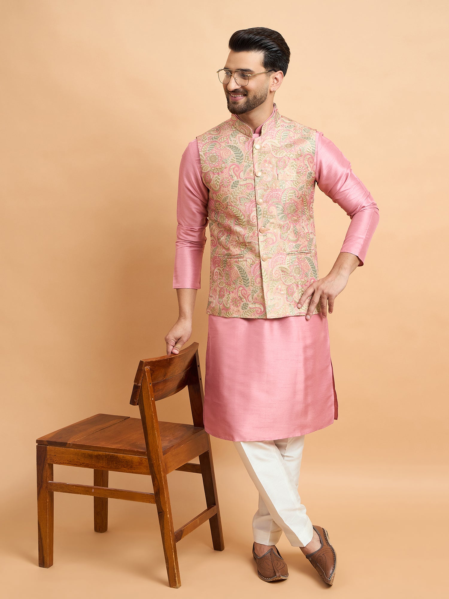 Rose Pink Kurta With Brocket Nehru Jacket Set