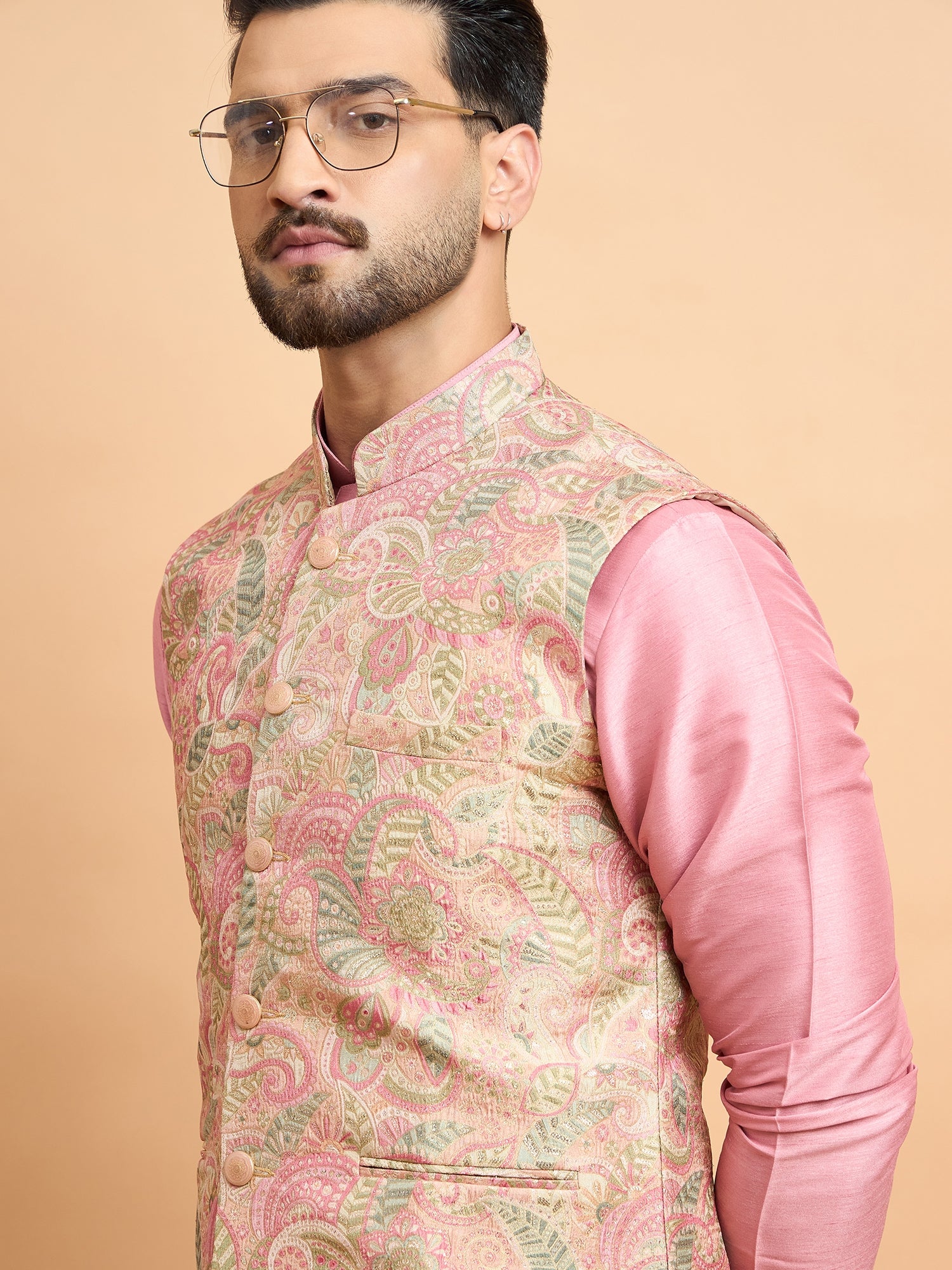 Rose Pink Kurta With Brocket Nehru Jacket Set