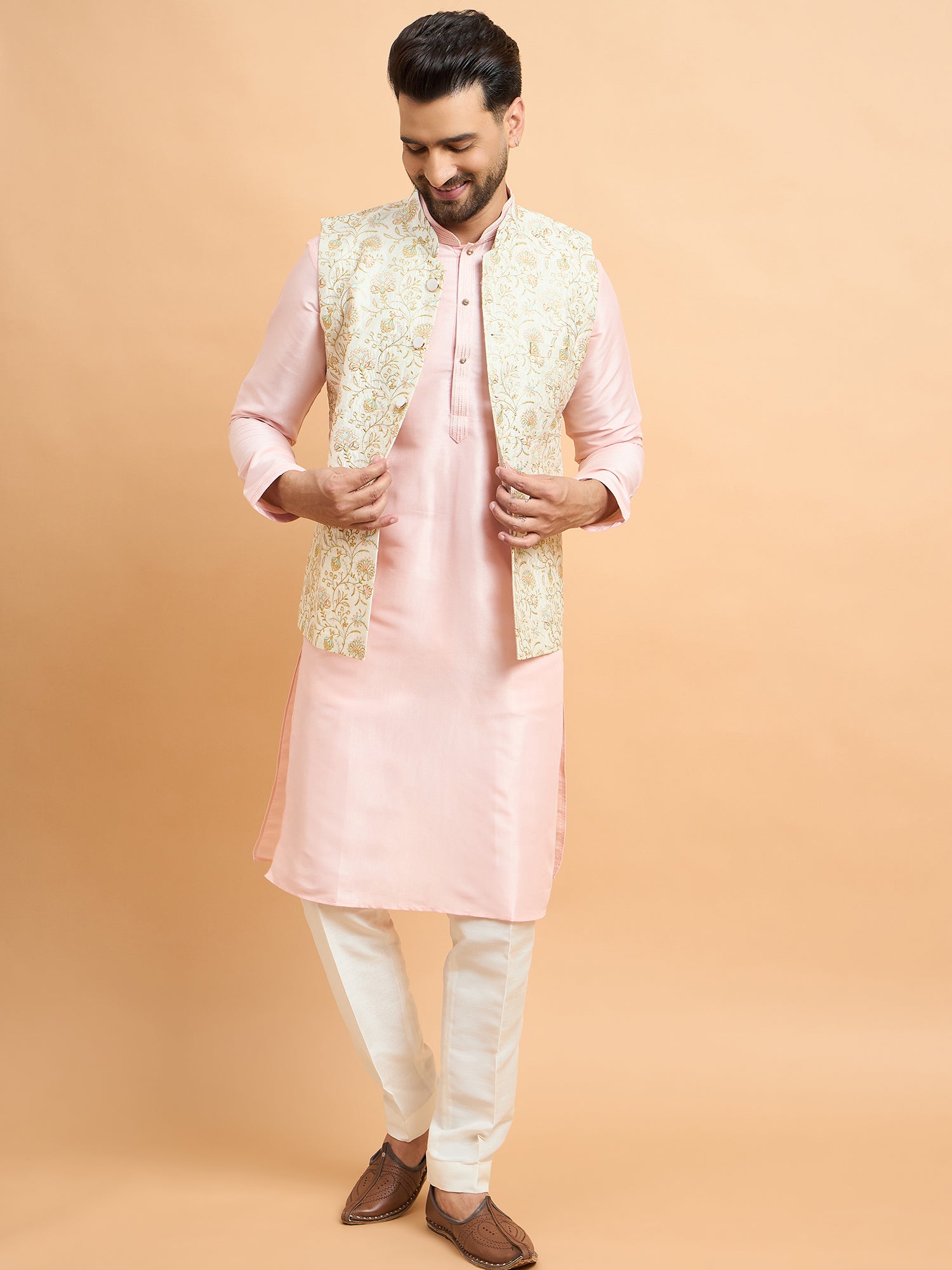 Pink With Cream Embroidery Koti Kurta Set