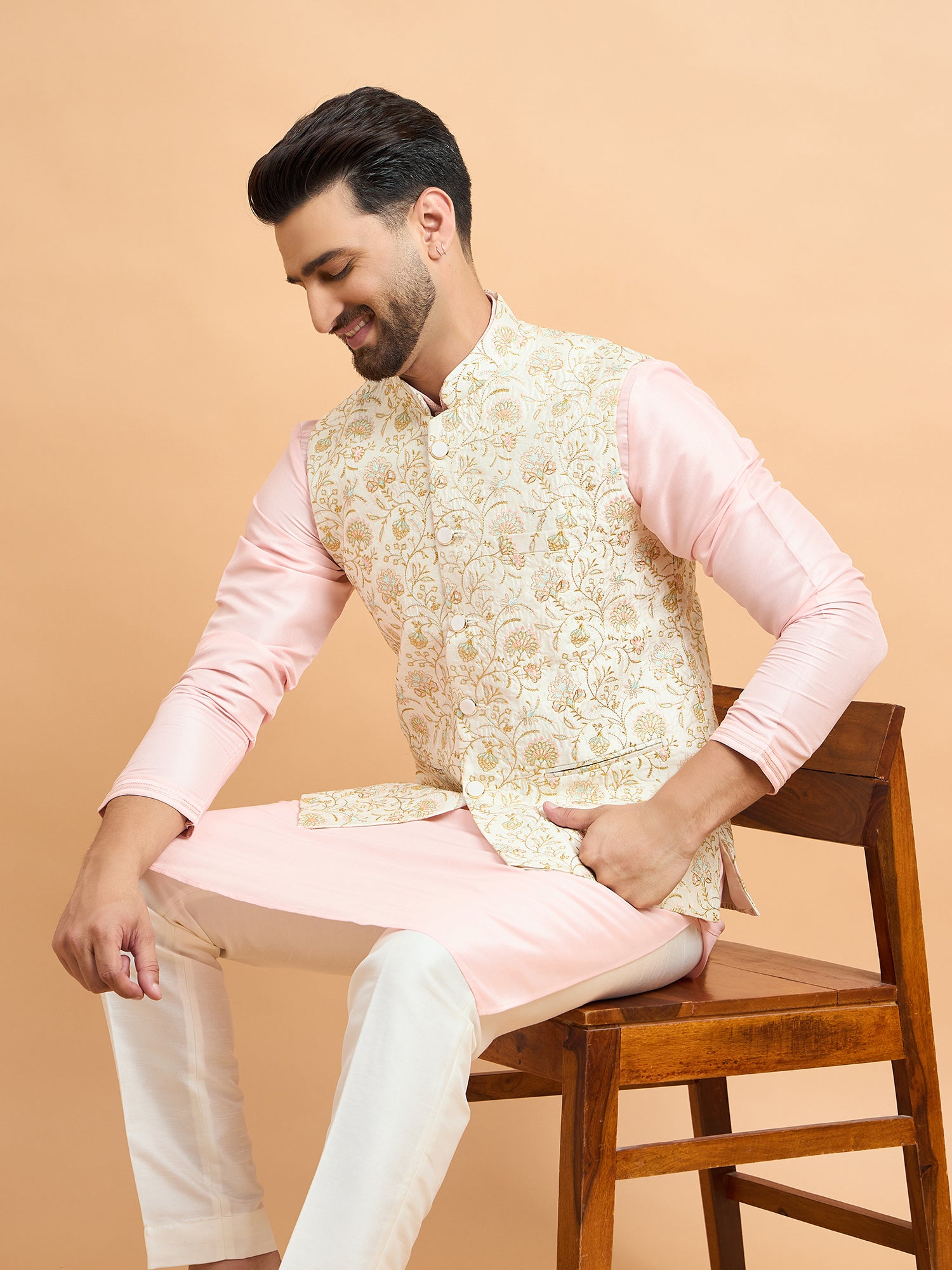 Pink With Cream Embroidery Koti Kurta Set