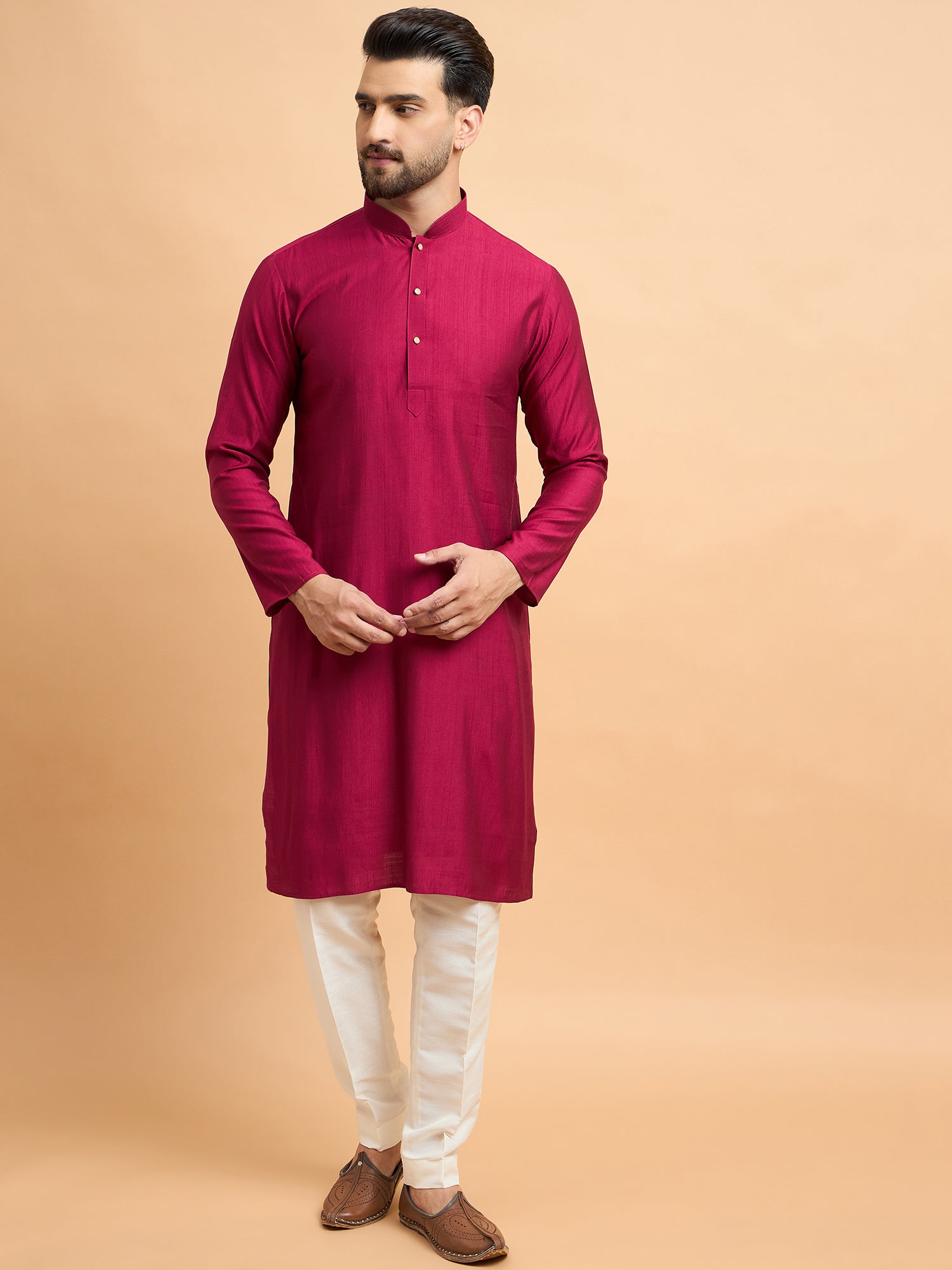 Wine Multi Brocket Silk Nehru Jacket Set
