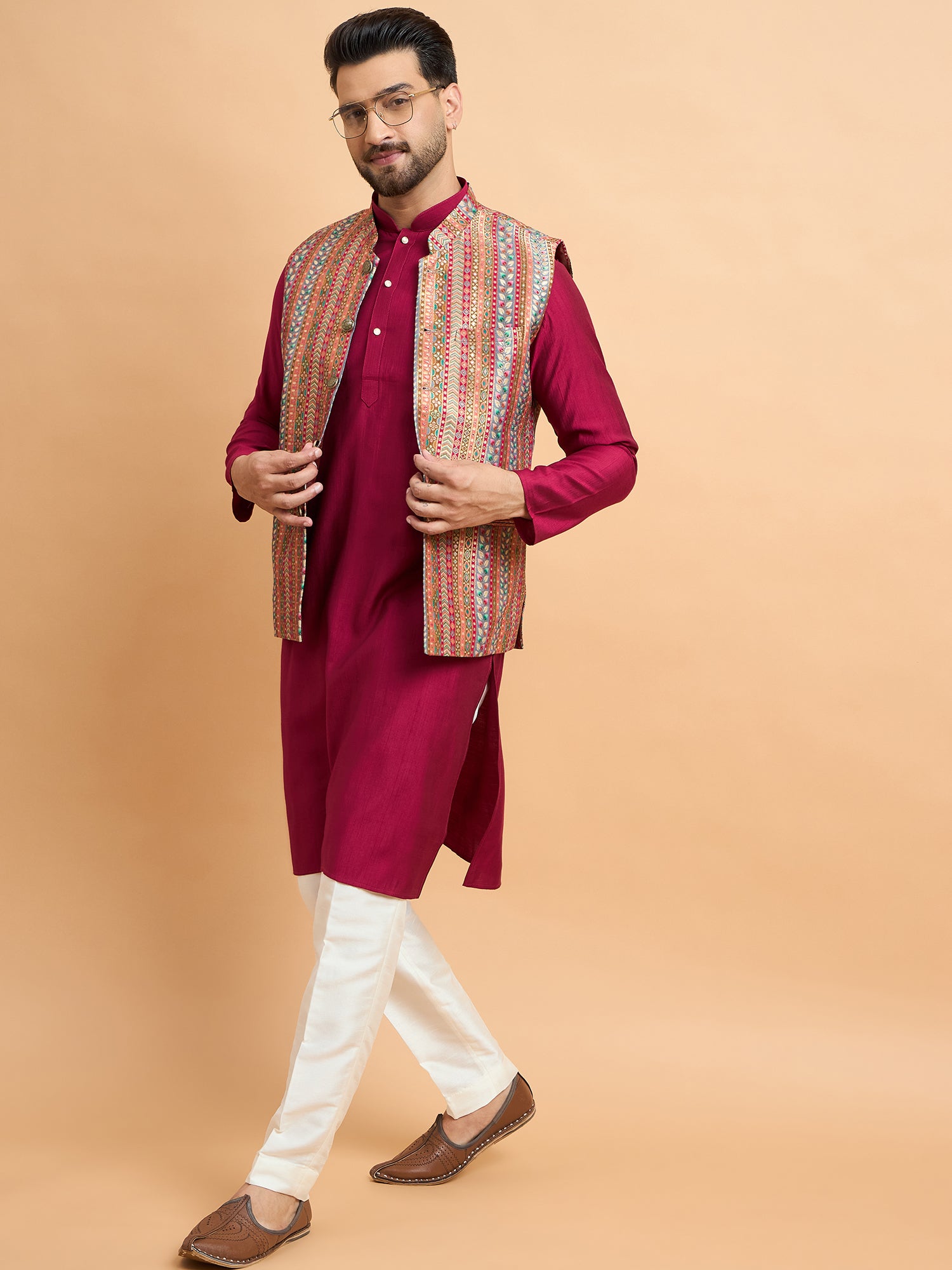 Wine Multi Brocket Silk Nehru Jacket Set