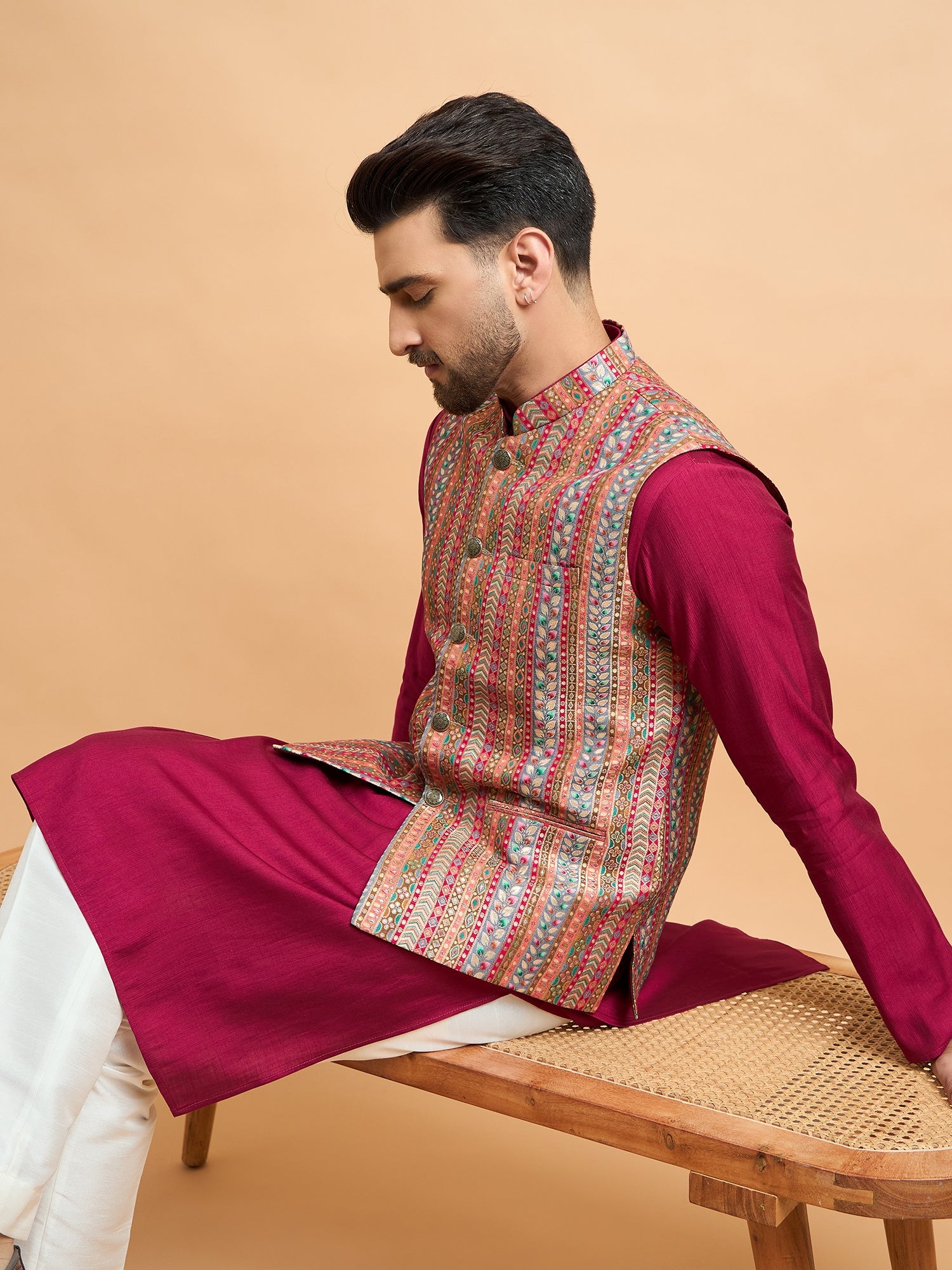 Wine Multi Brocket Silk Nehru Jacket Set
