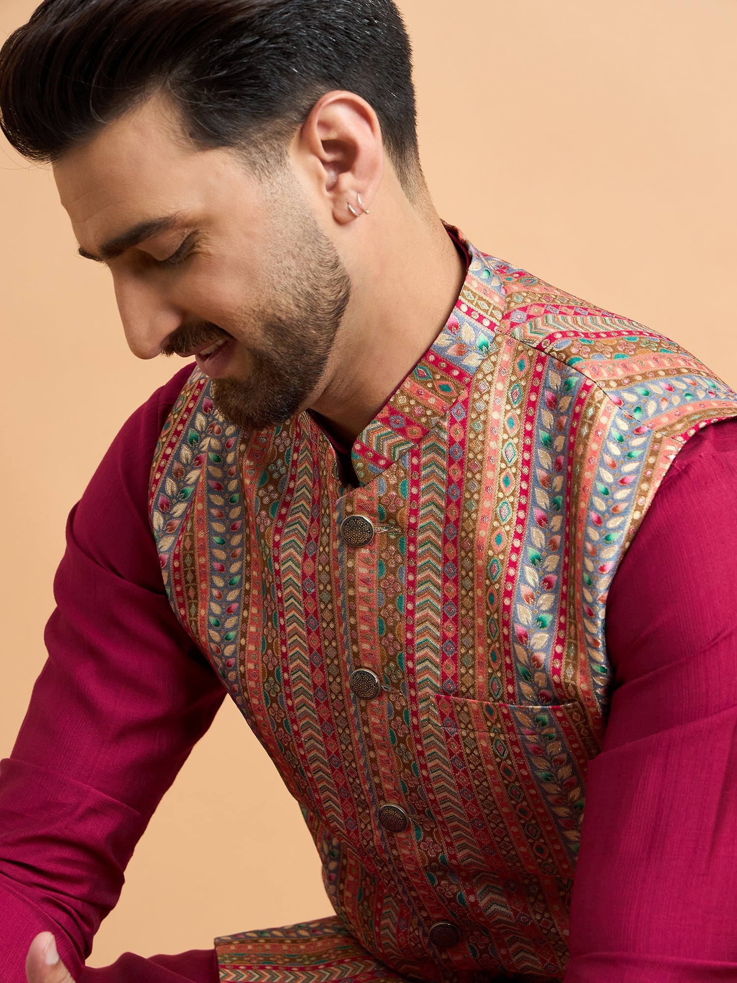 Wine Multi Brocket Silk Nehru Jacket Set