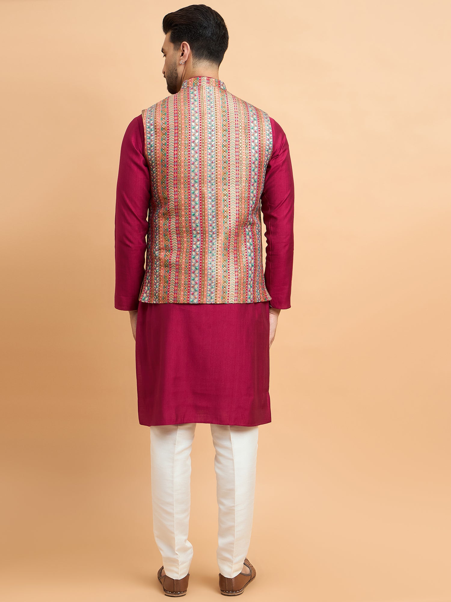 Wine Multi Brocket Silk Nehru Jacket Set
