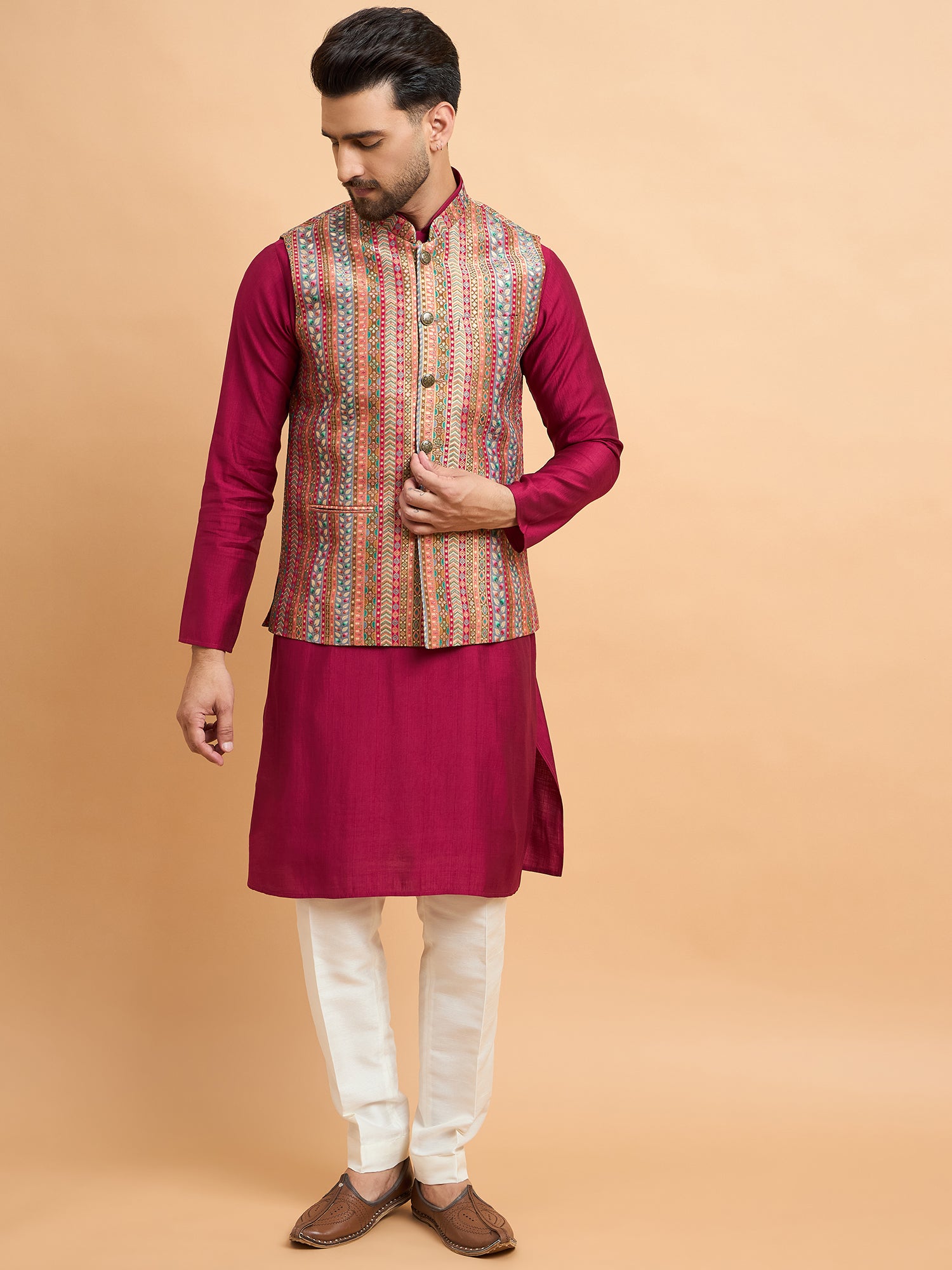 Wine Multi Brocket Silk Nehru Jacket Set