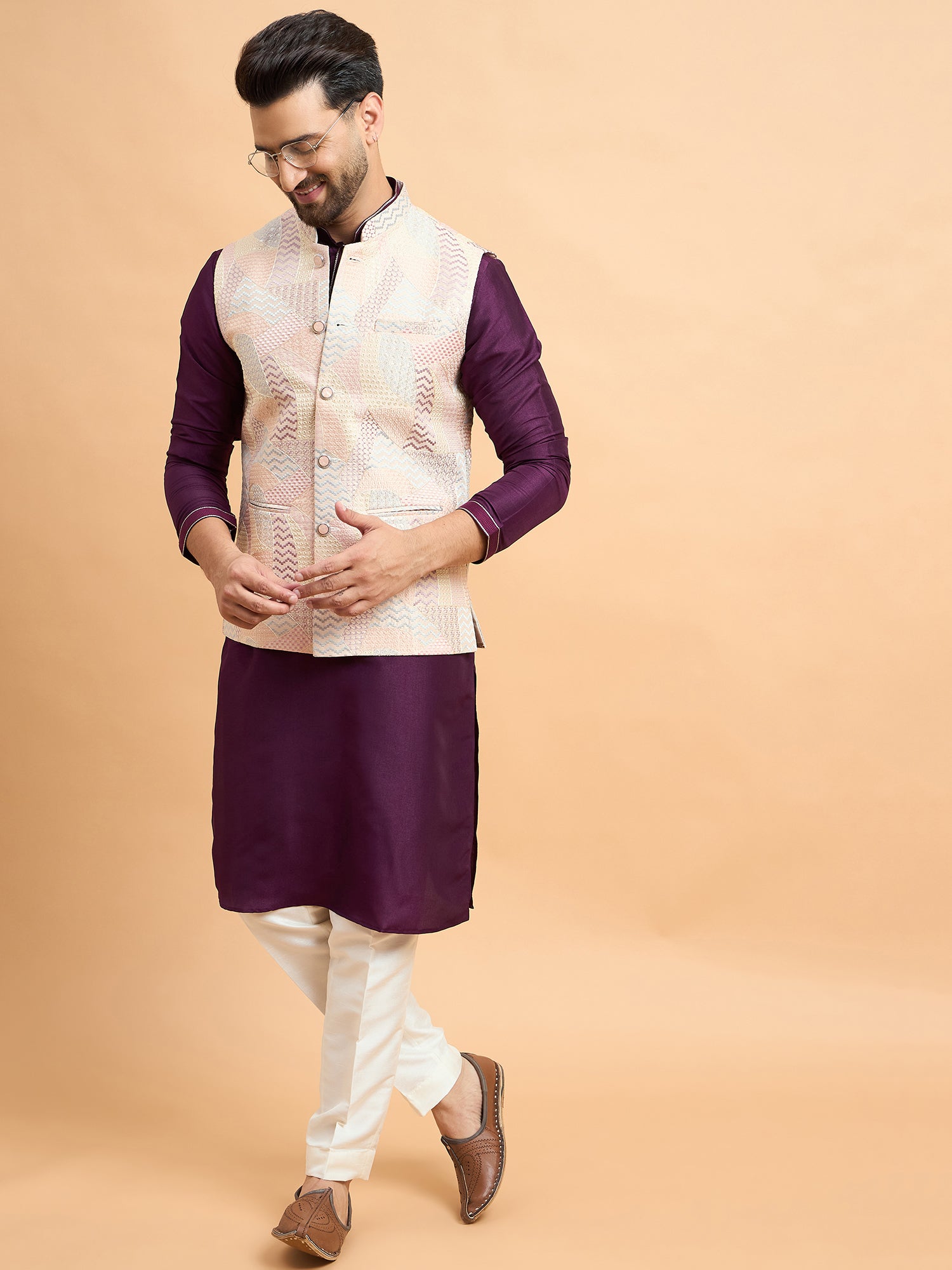 Purple Embroidered Kurta Jacket Set