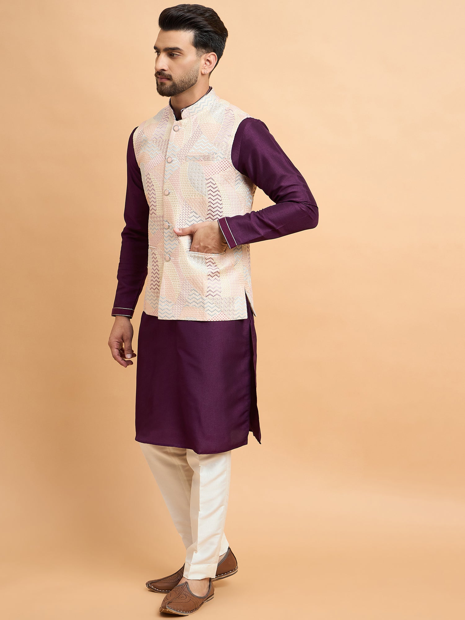 Purple Embroidered Kurta Jacket Set
