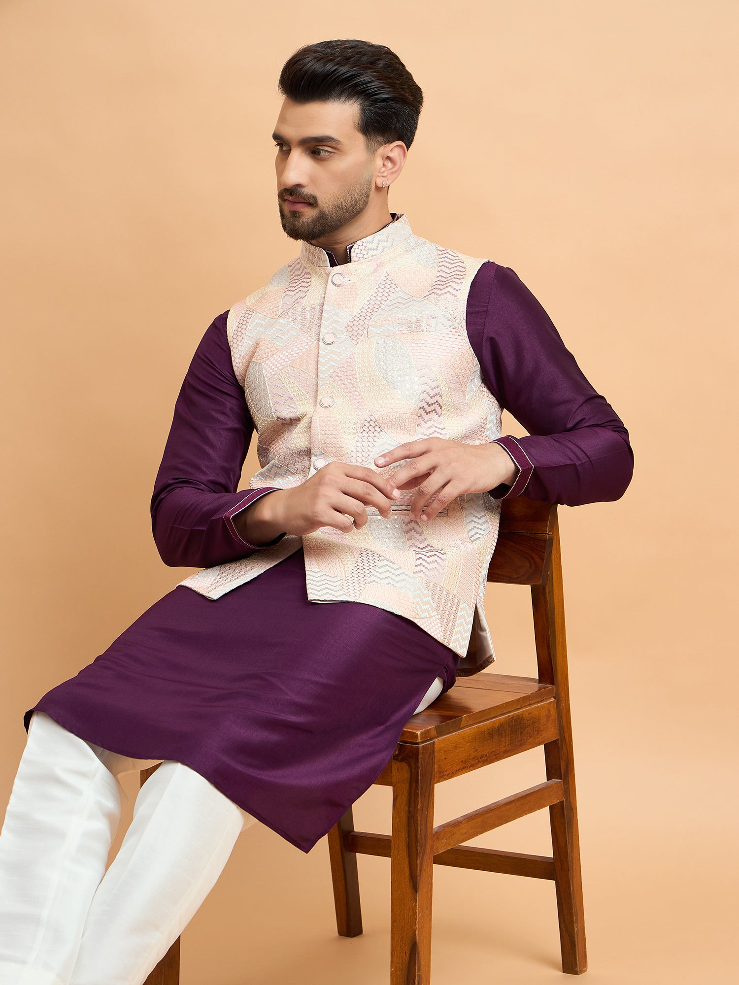 Purple Embroidered Kurta Jacket Set