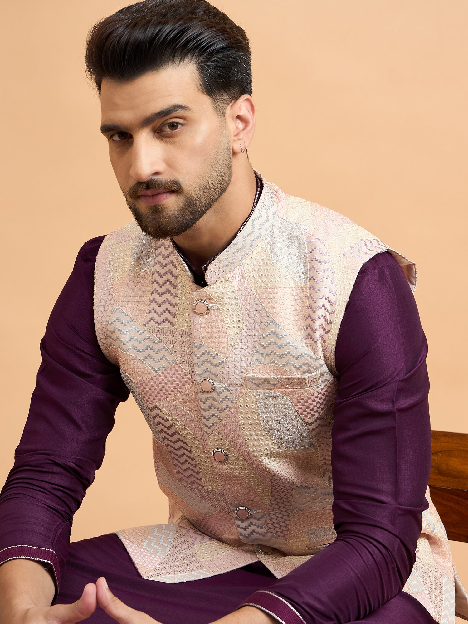 Purple Embroidered Kurta Jacket Set