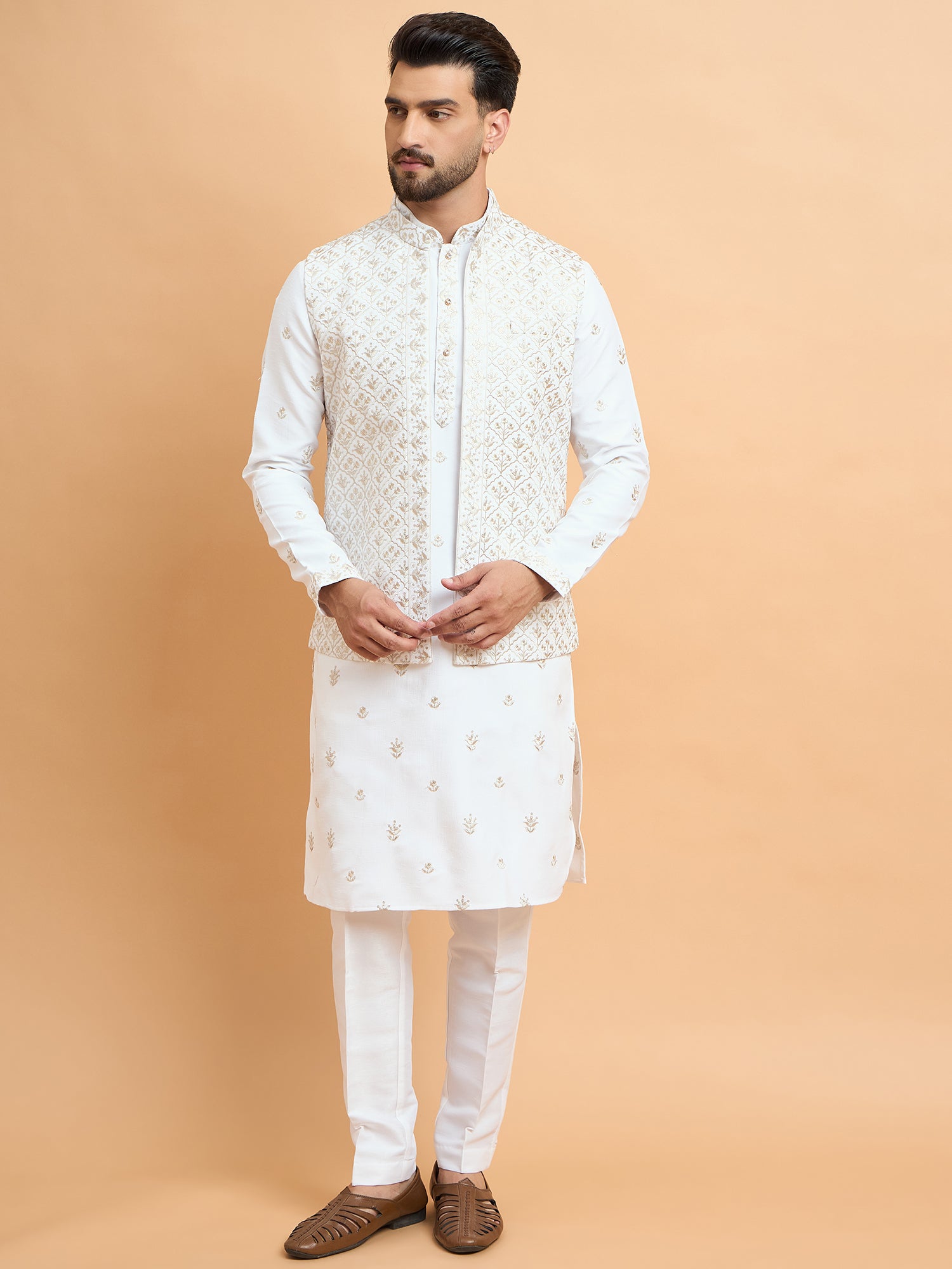 White Lucknowi Embroidered Koti Kurta Set