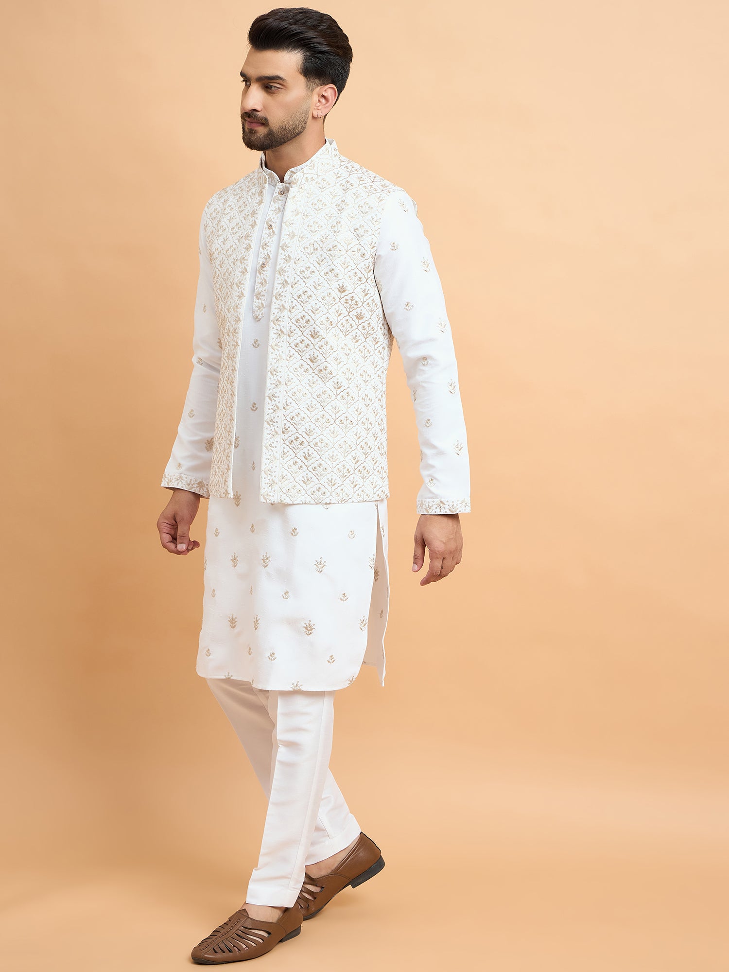 White Lucknowi Embroidered Koti Kurta Set