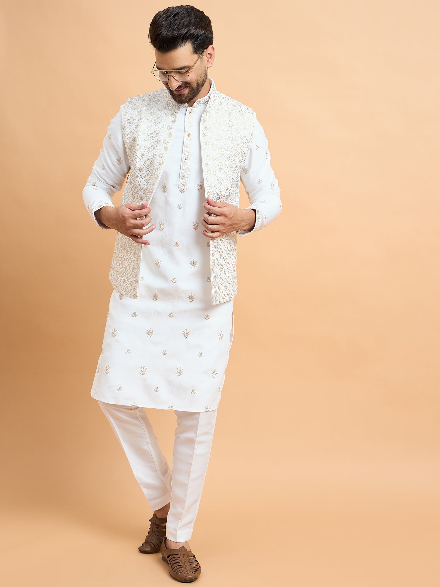 White Lucknowi Embroidered Koti Kurta Set