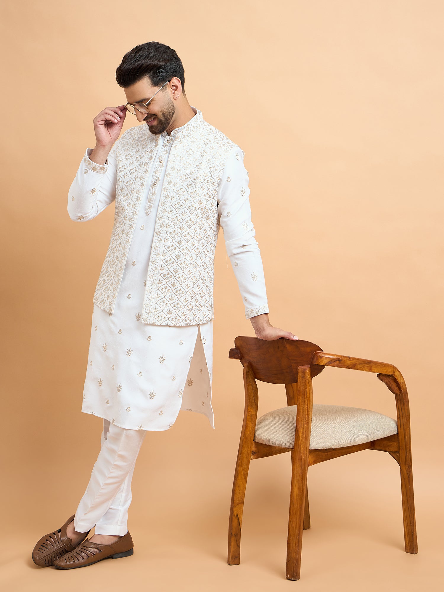 White Lucknowi Embroidered Koti Kurta Set