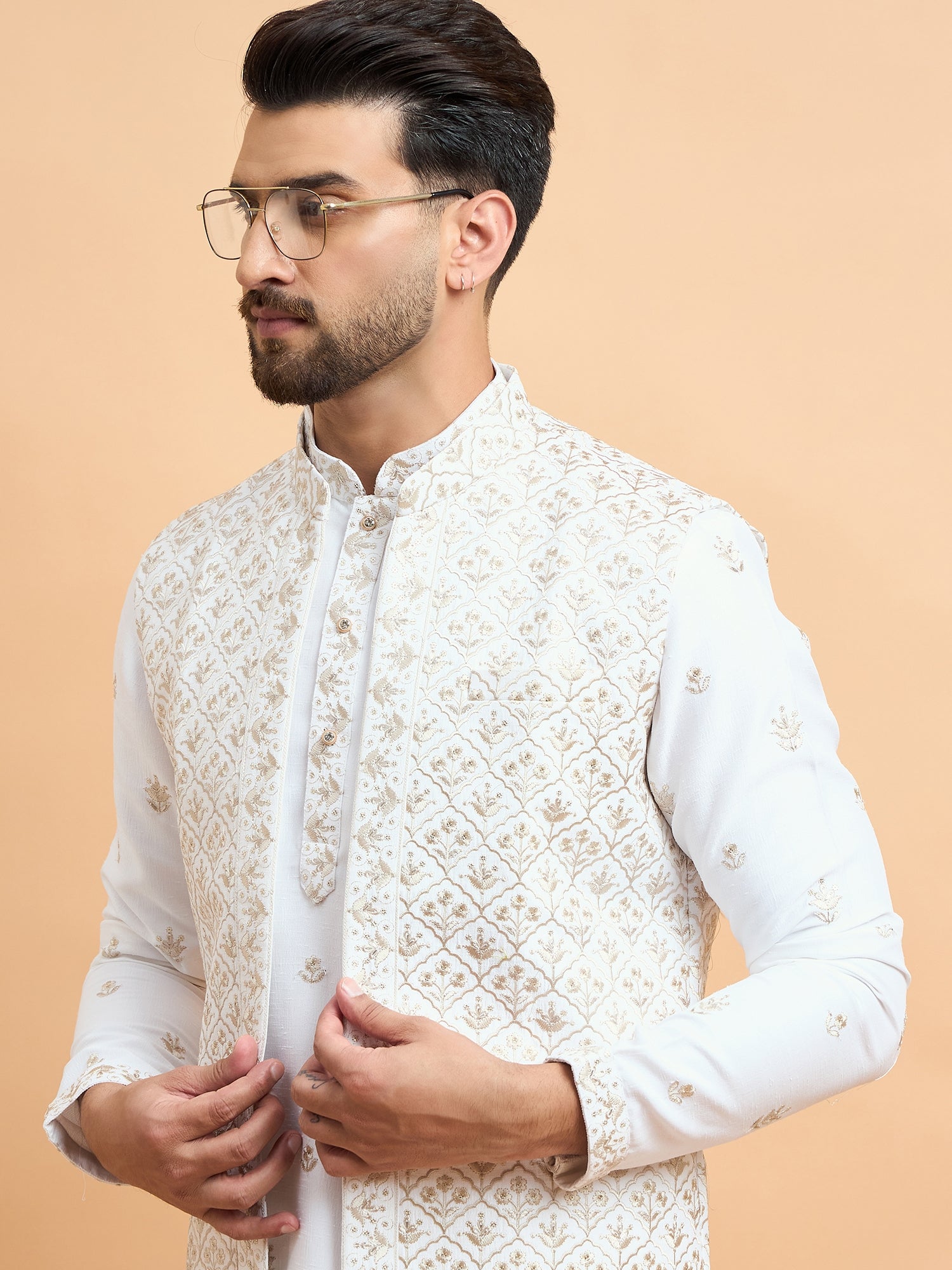 White Lucknowi Embroidered Koti Kurta Set