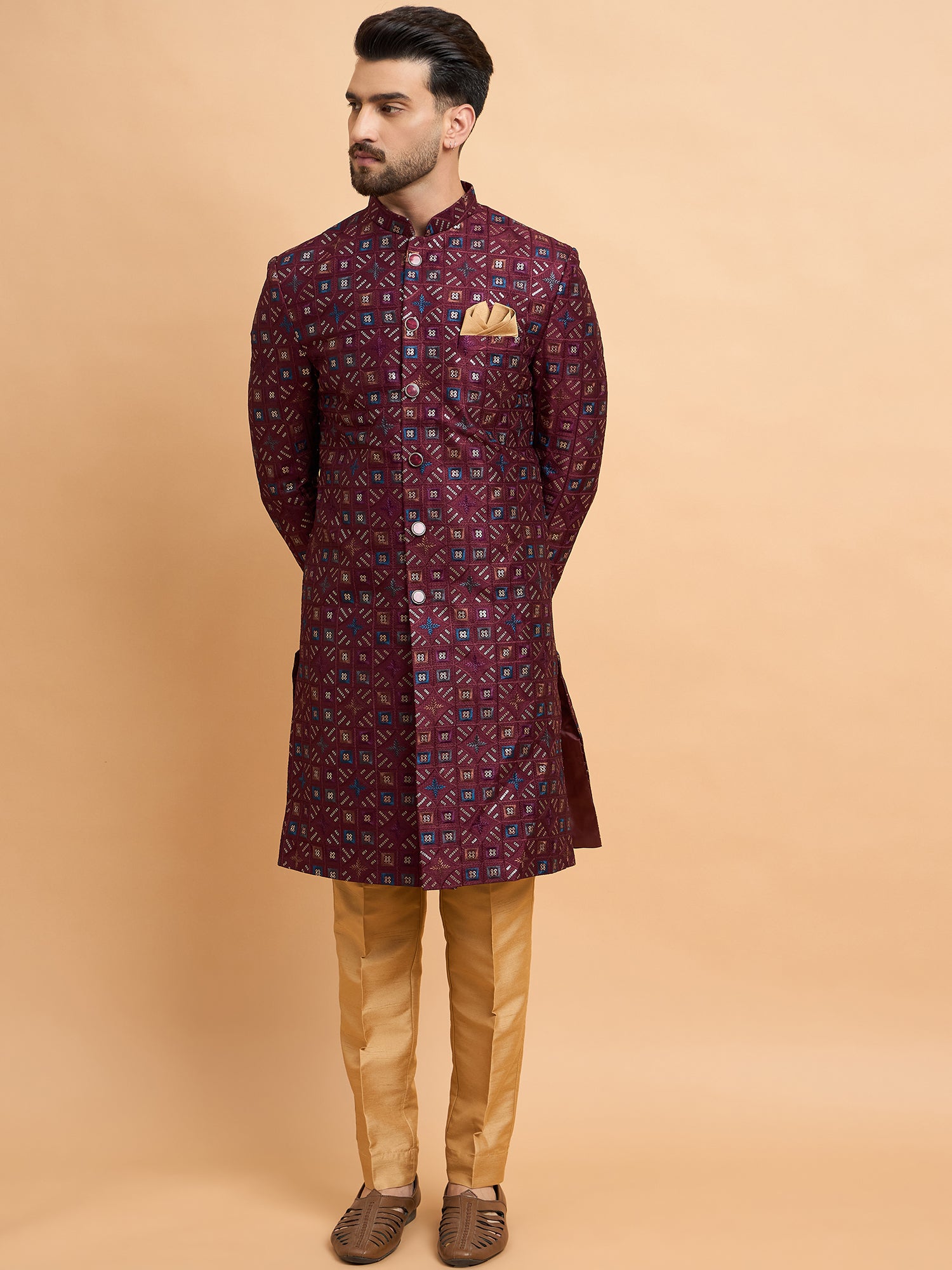 Maroon Silk Embroidered Indo Western Set