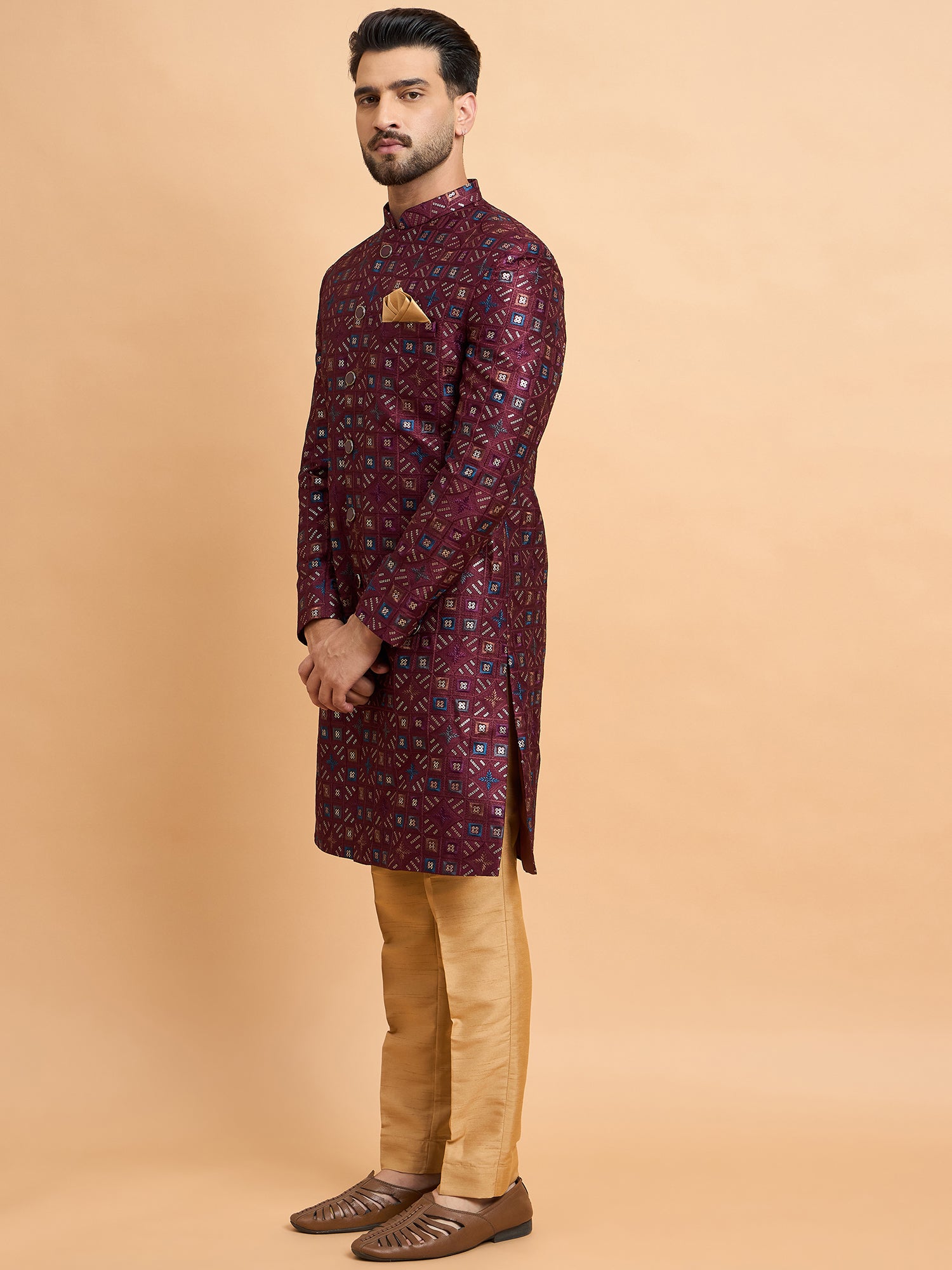 Maroon Silk Embroidered Indo Western Set