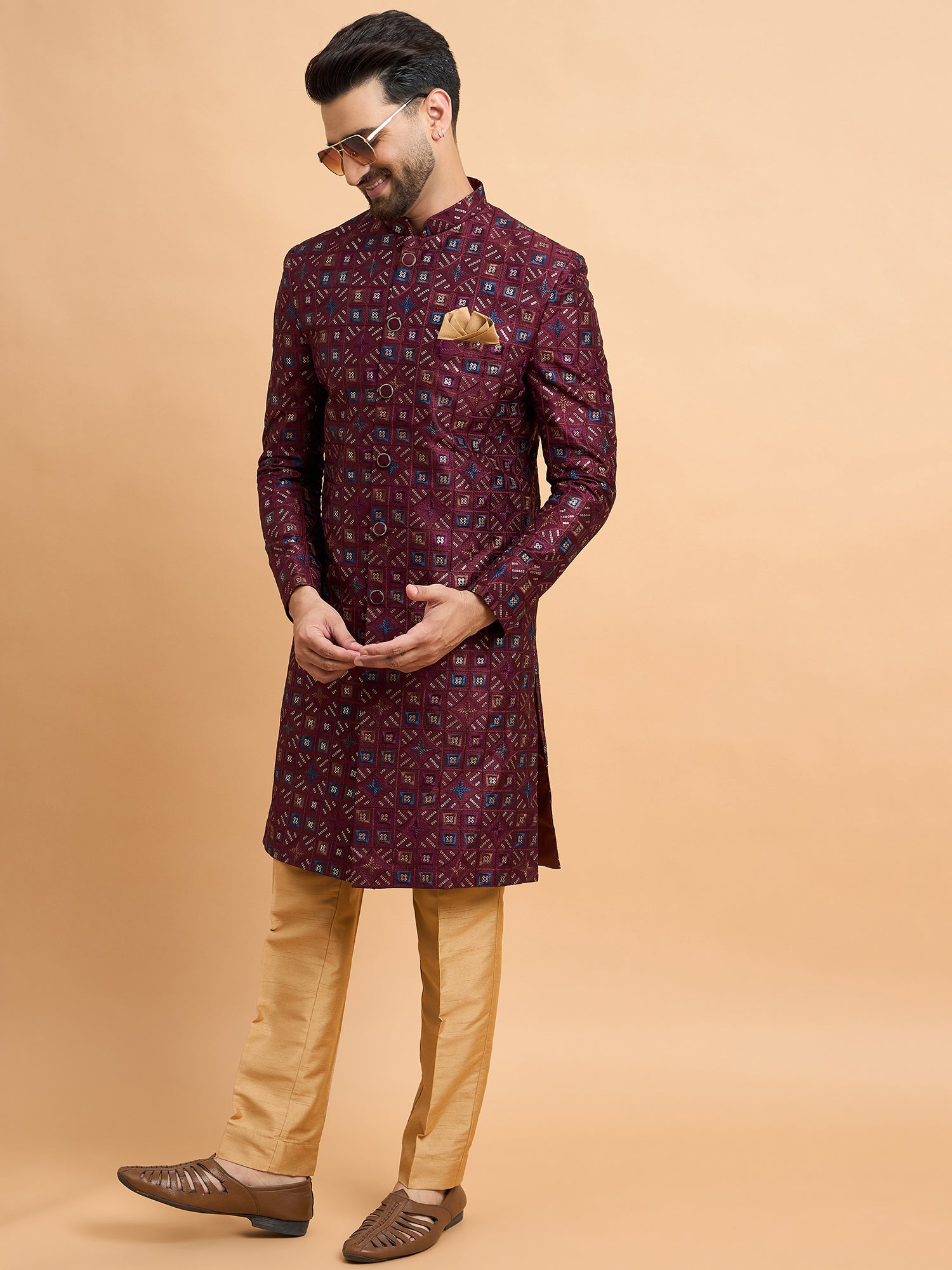 Maroon Silk Embroidered Indo Western Set