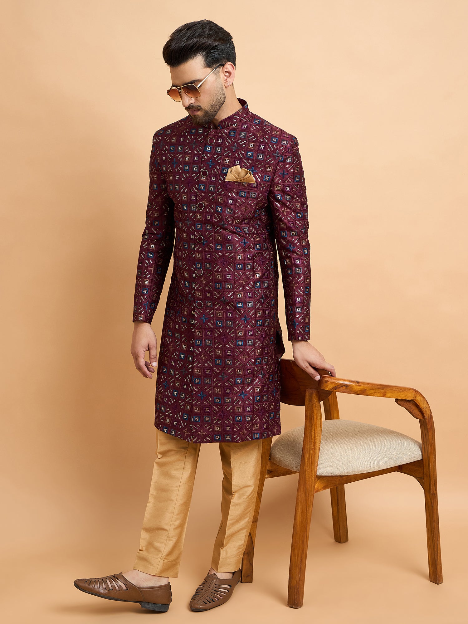 Maroon Silk Embroidered Indo Western Set