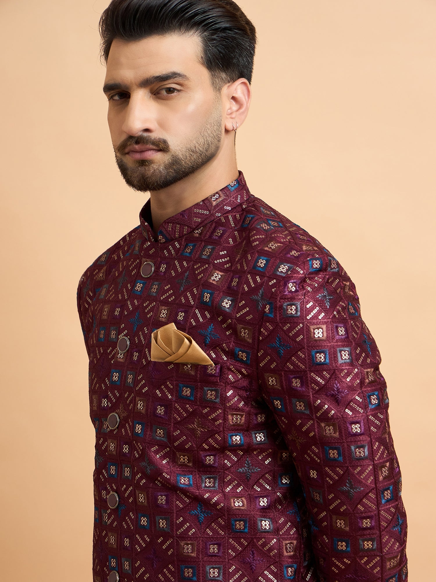 Maroon Silk Embroidered Indo Western Set