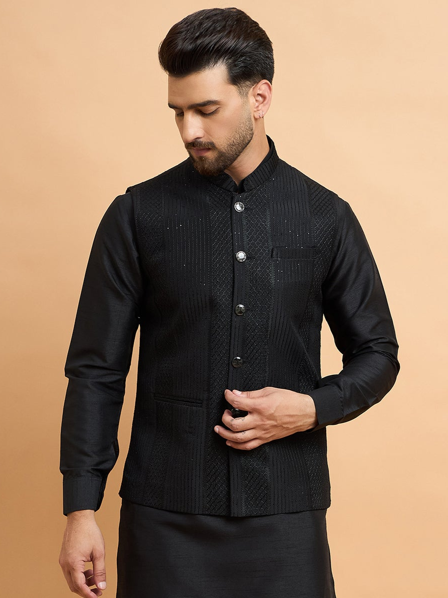 Black Chikenkari Nehru Koti Only