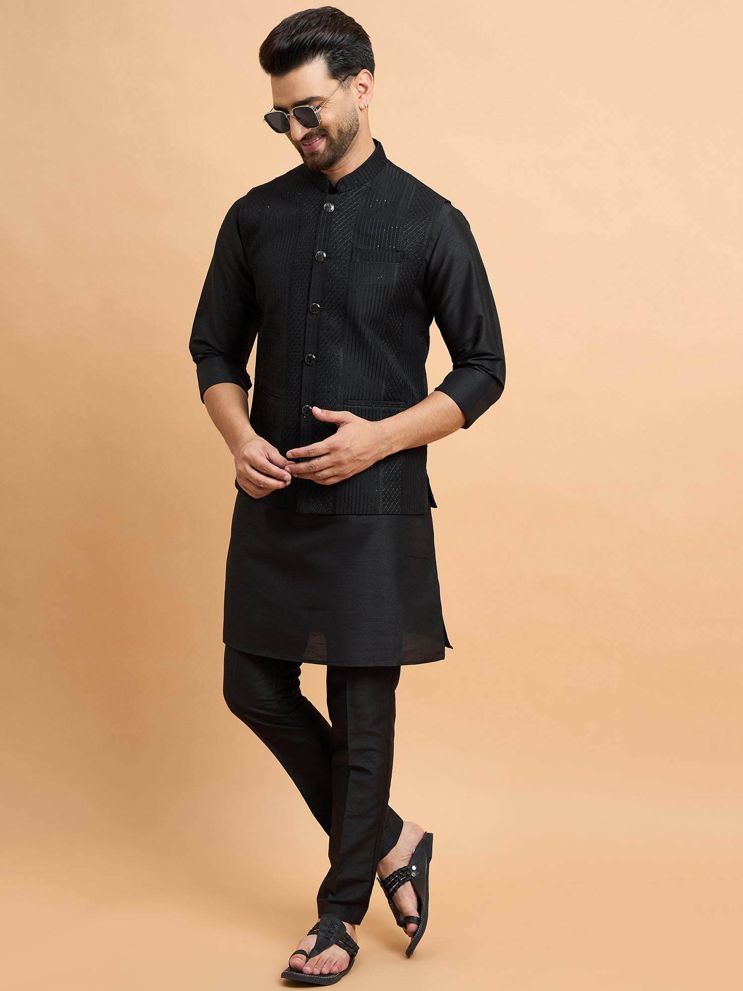 Black Lucknowi Koti Kurta Set