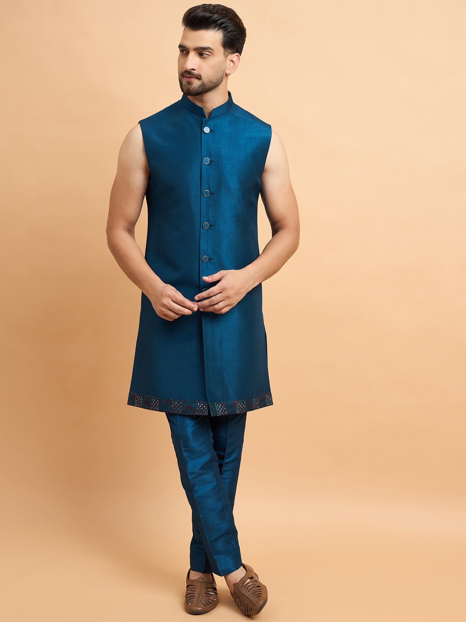 Teal Embroidered Indowestern Set