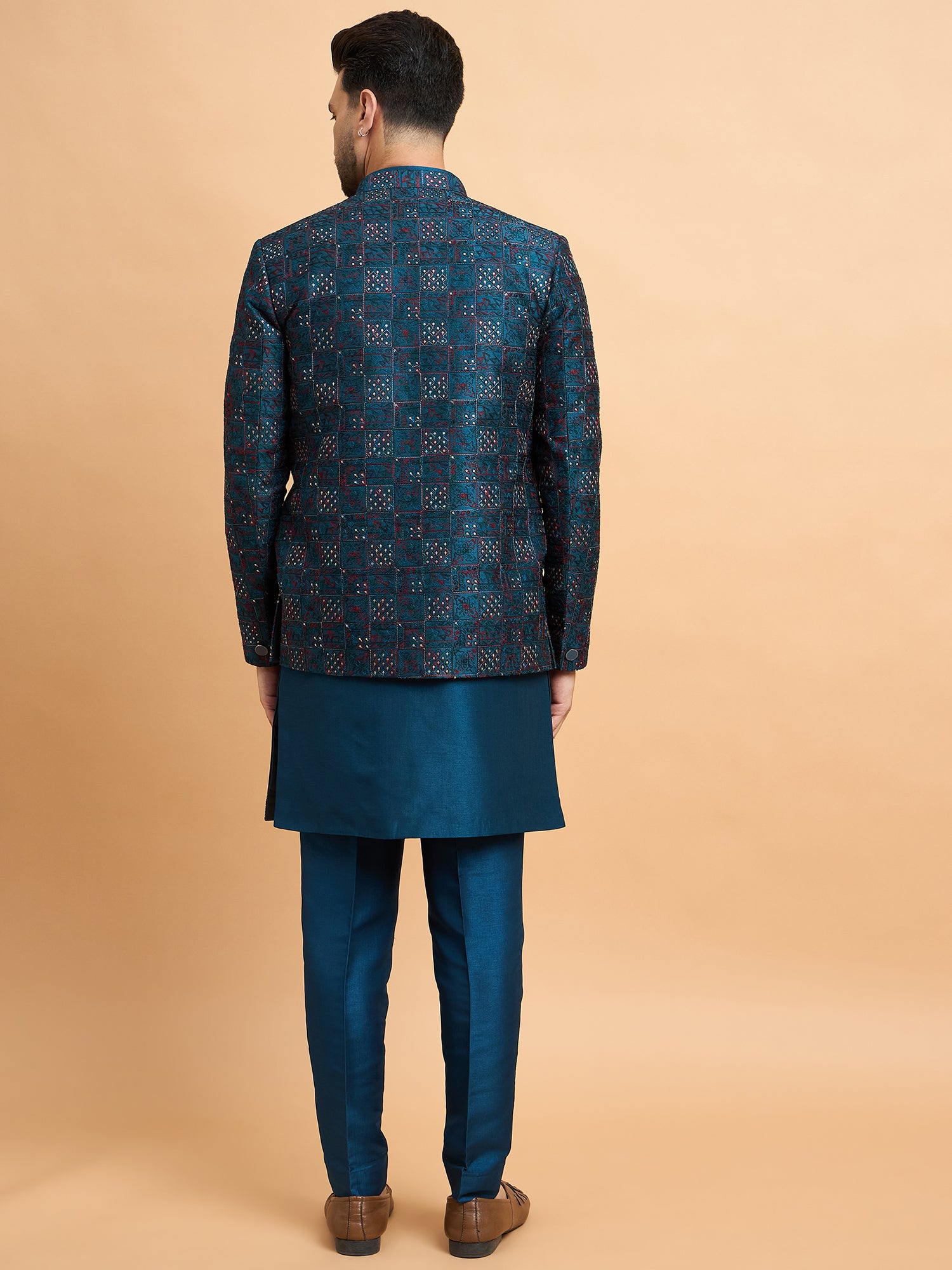 Teal Embroidered Indowestern Set