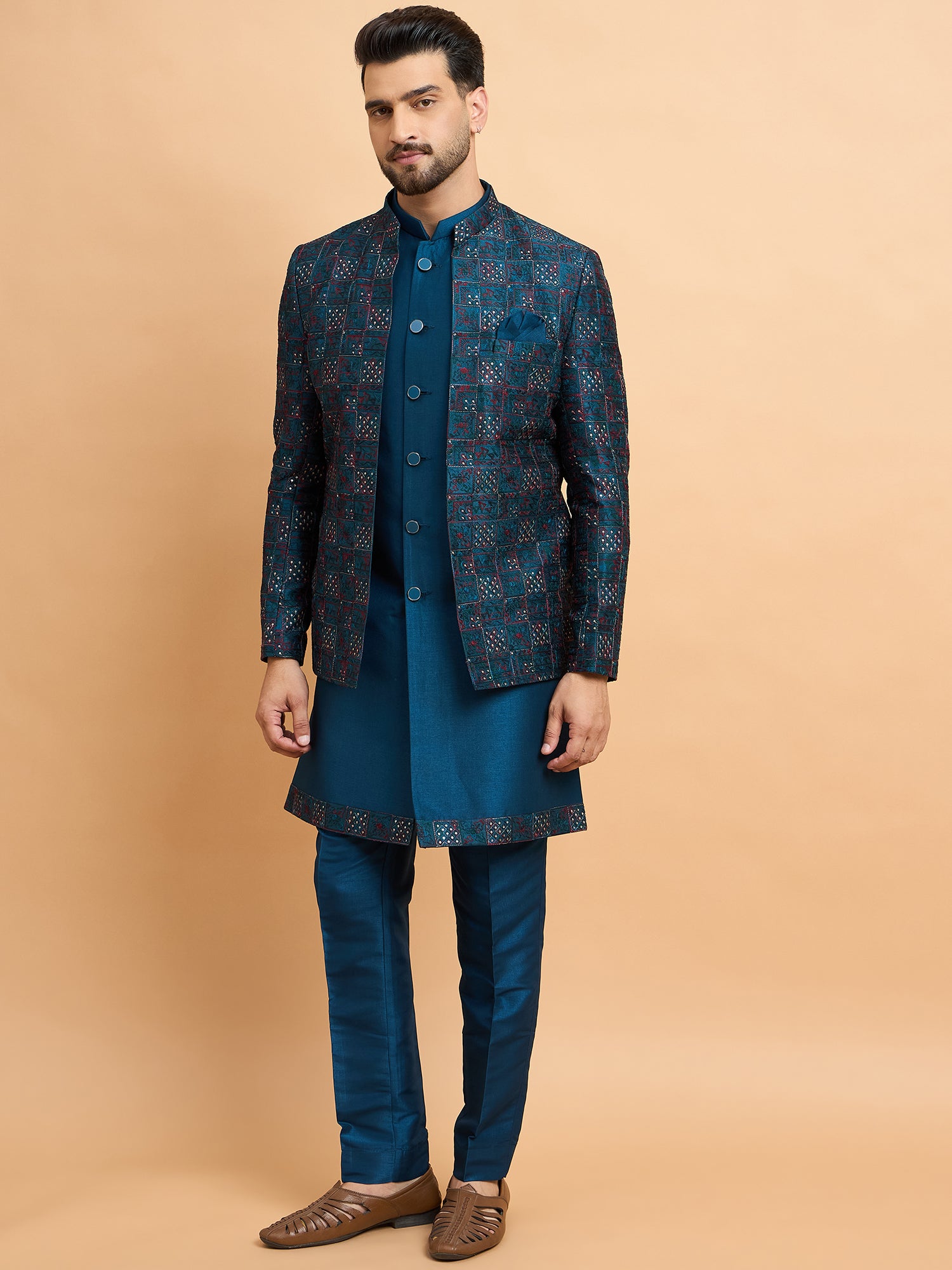 Teal Embroidered Indowestern Set