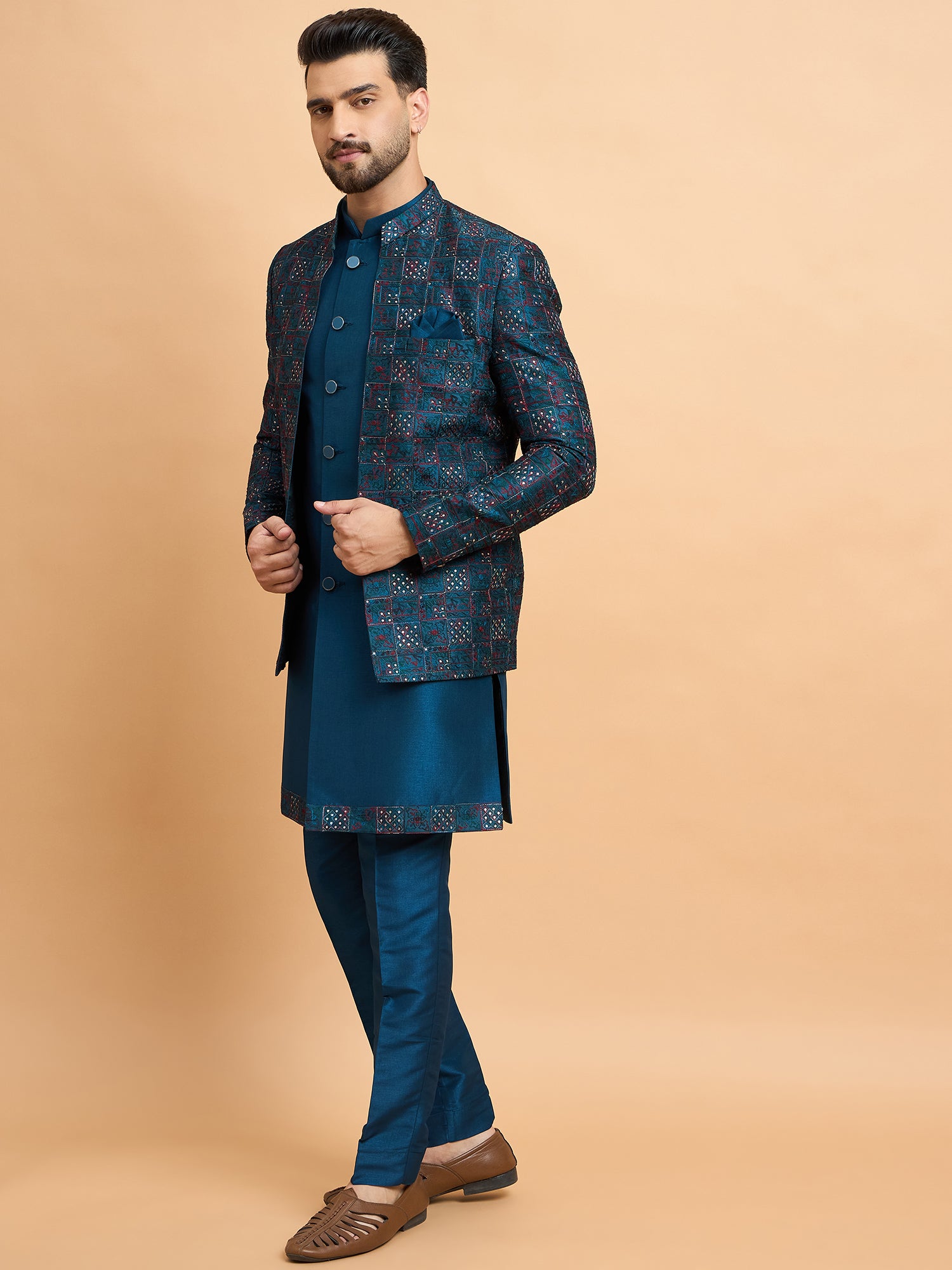 Teal Embroidered Indowestern Set