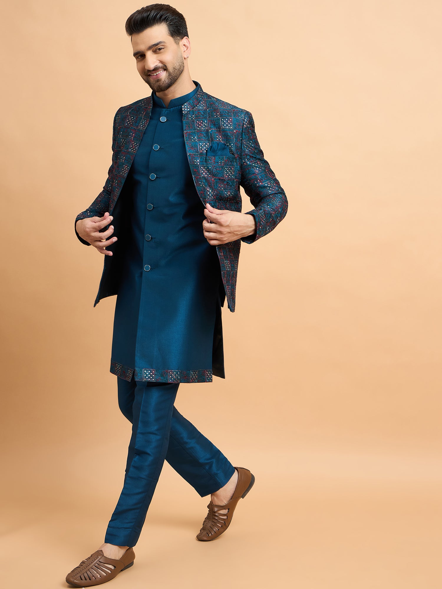 Teal Embroidered Indowestern Set