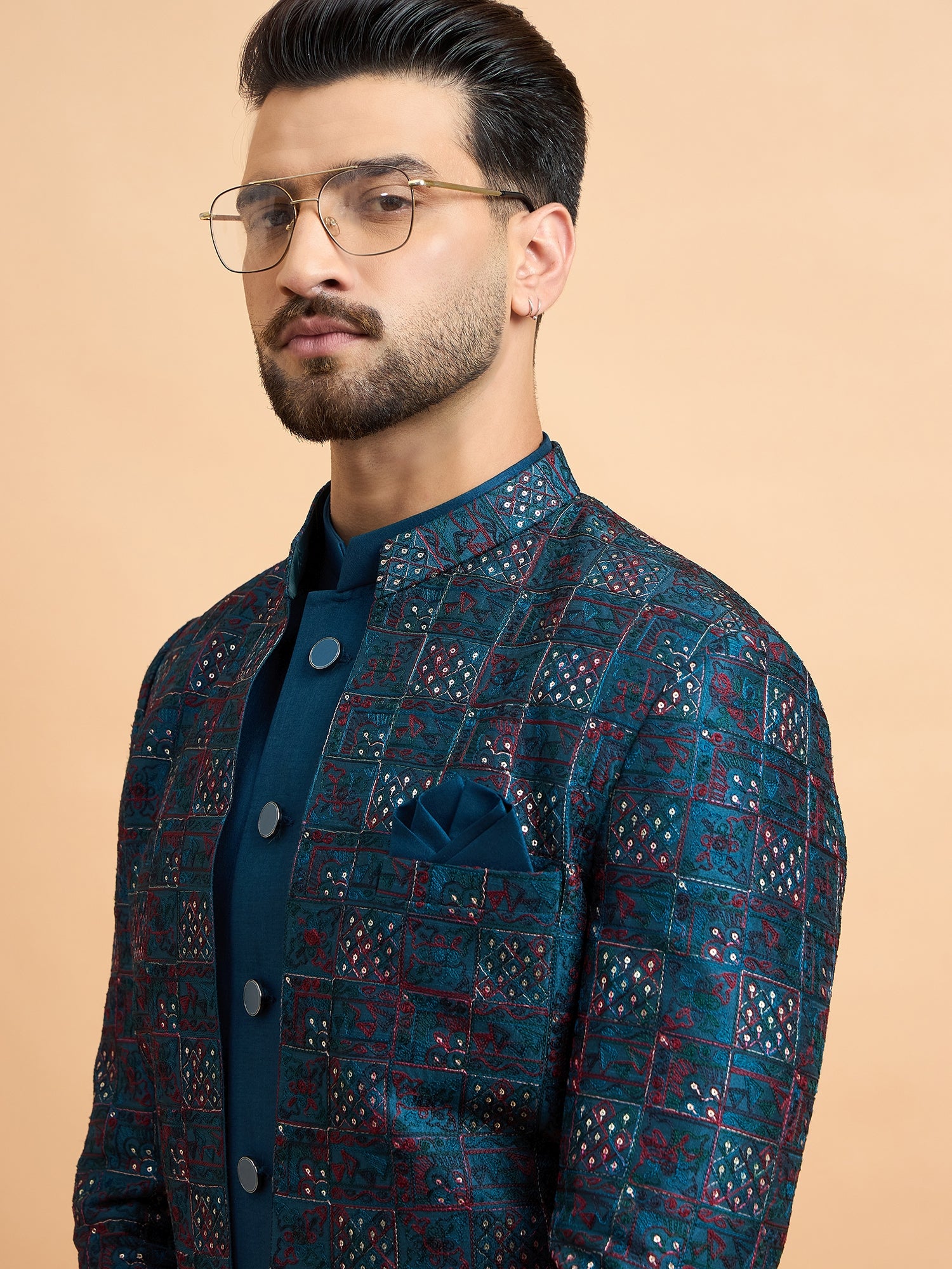 Teal Embroidered Indowestern Set