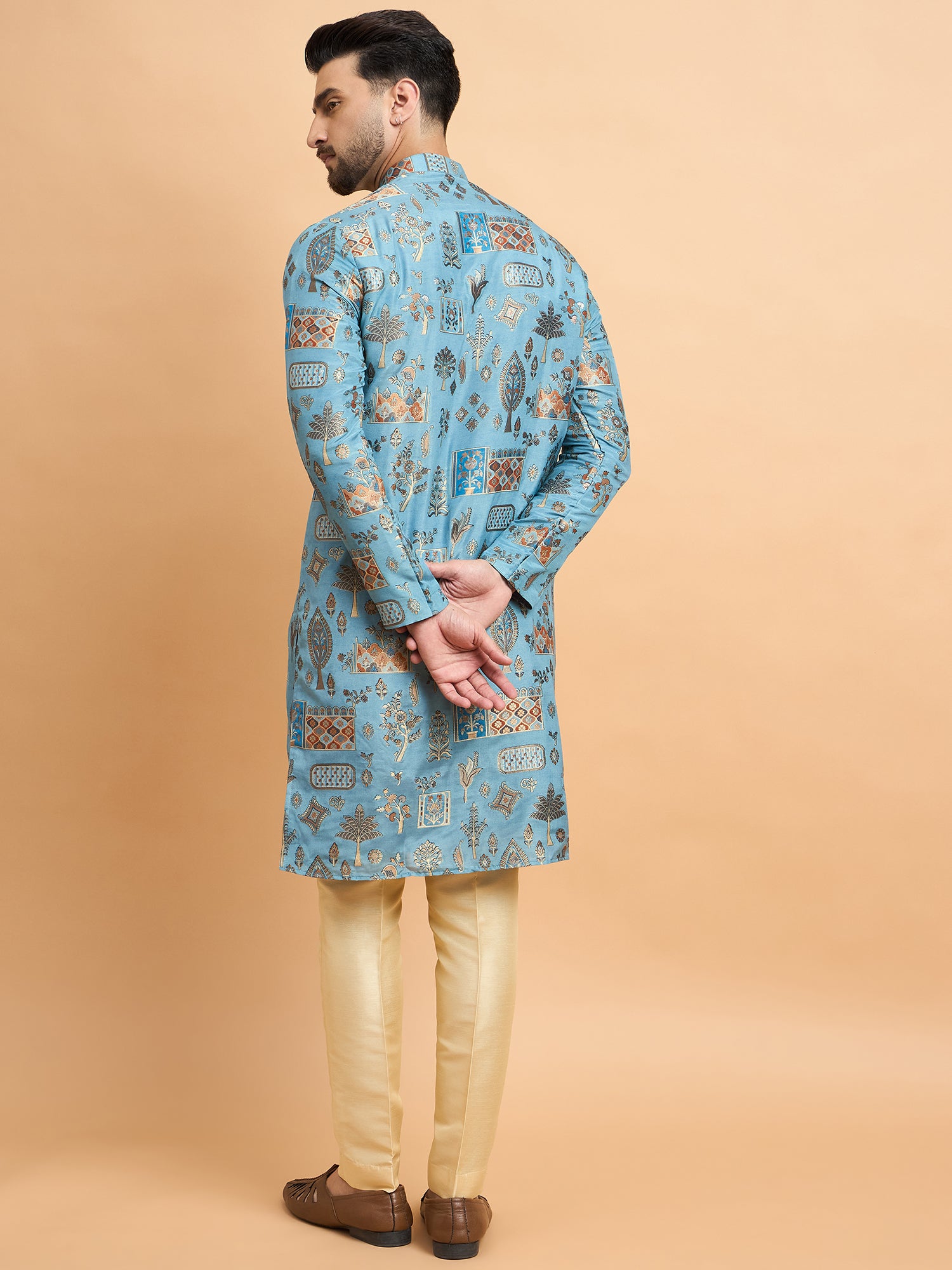 Blue Abstract Design Brocket Silk Kurta Set