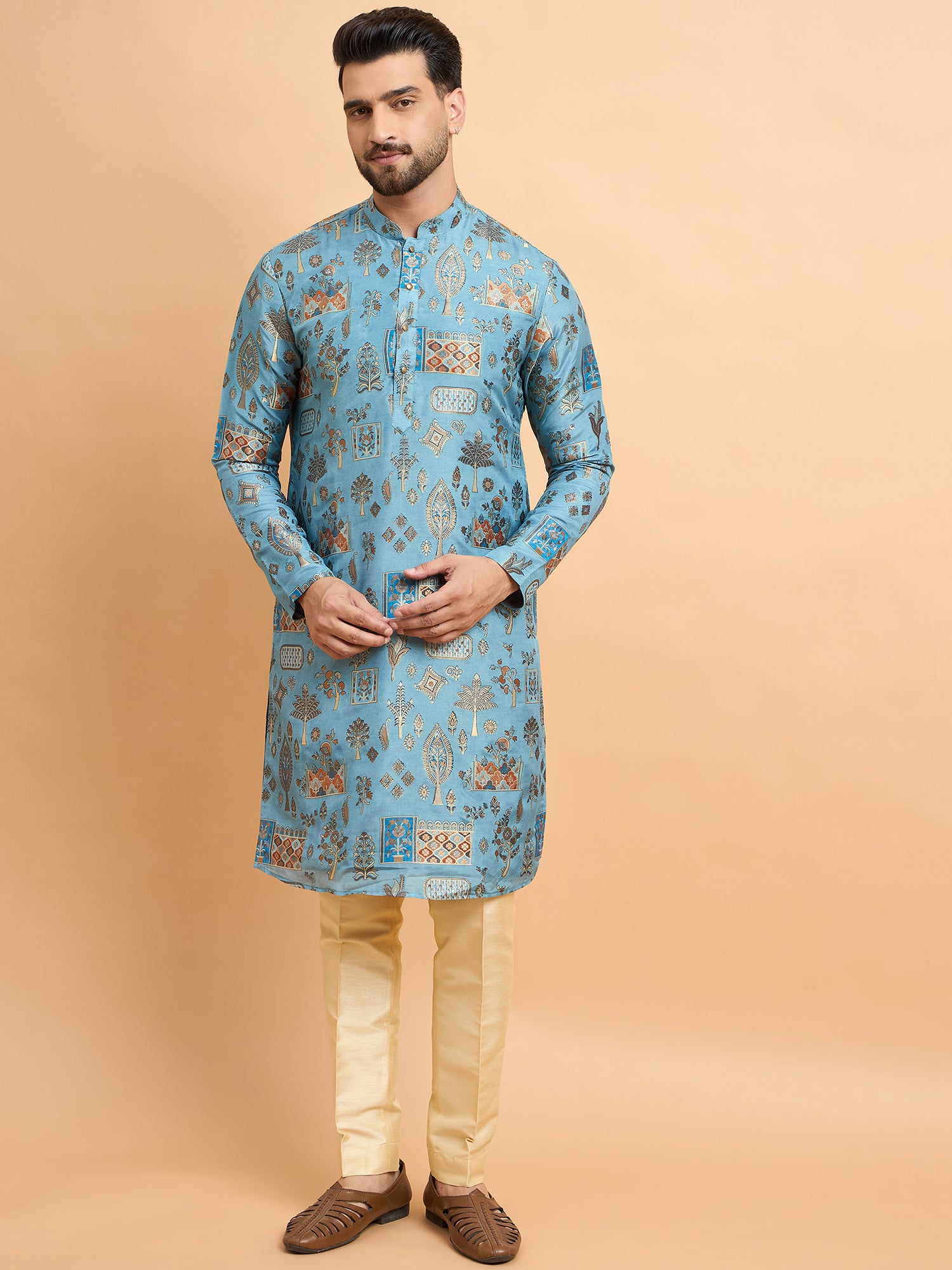 Blue Abstract Design Brocket Silk Kurta Set