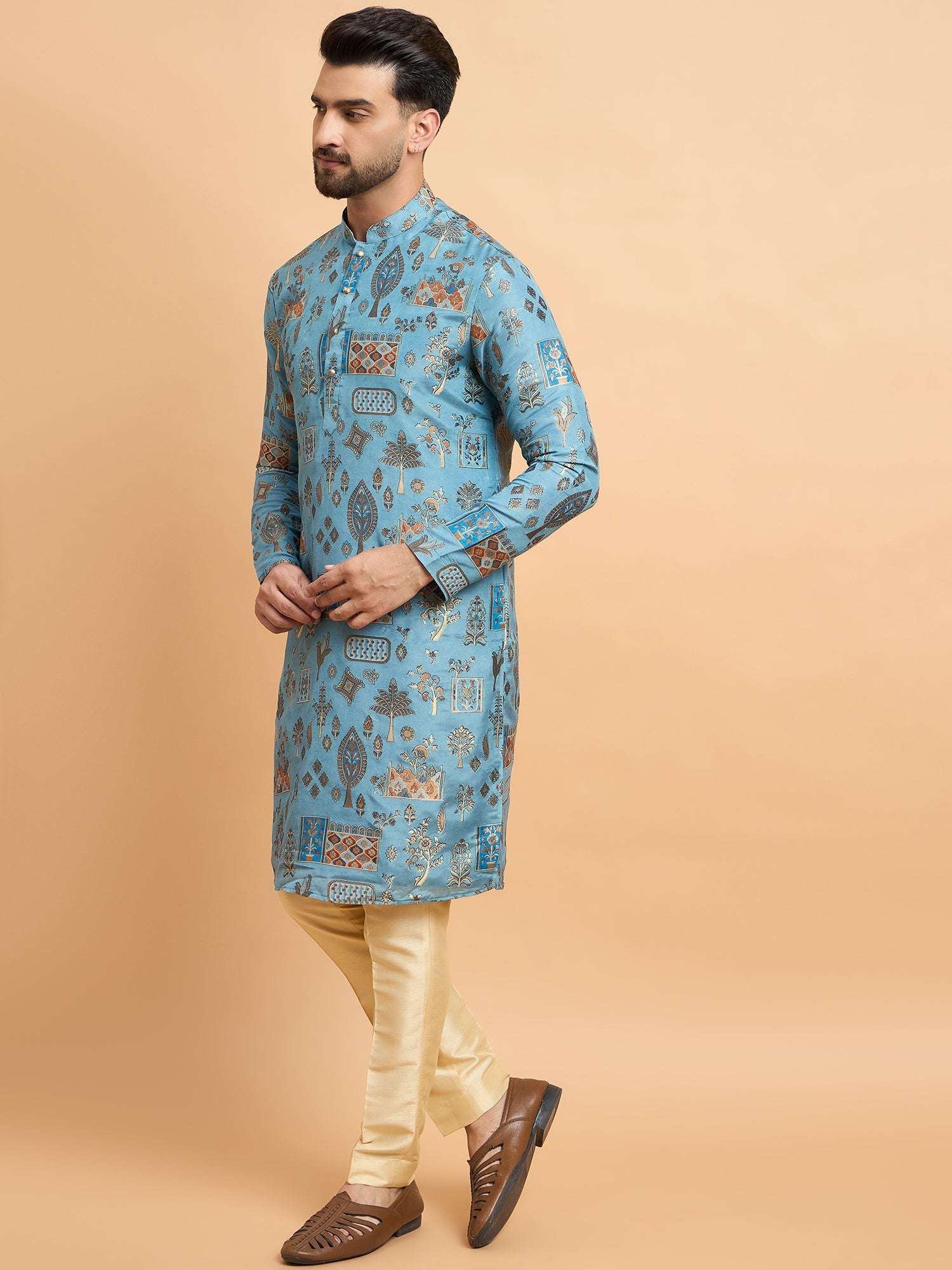 Blue Abstract Design Brocket Silk Kurta Set