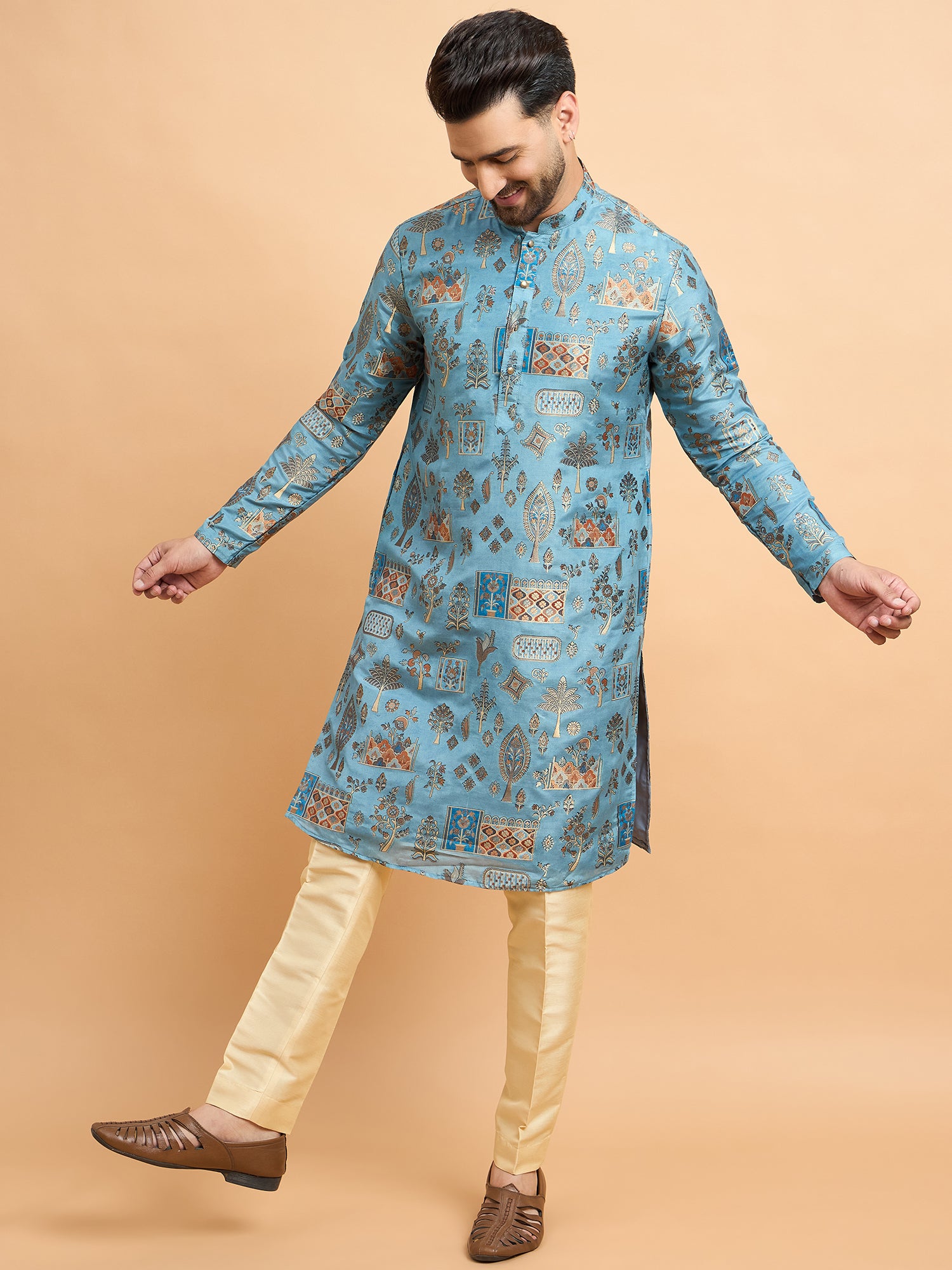 Blue Abstract Design Brocket Silk Kurta Set
