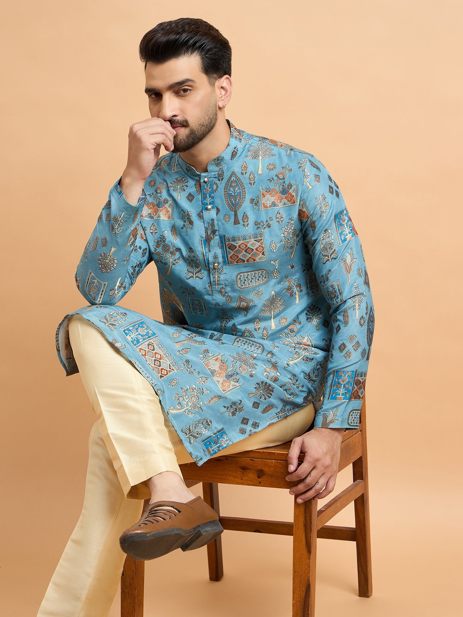Blue Abstract Design Brocket Silk Kurta Set