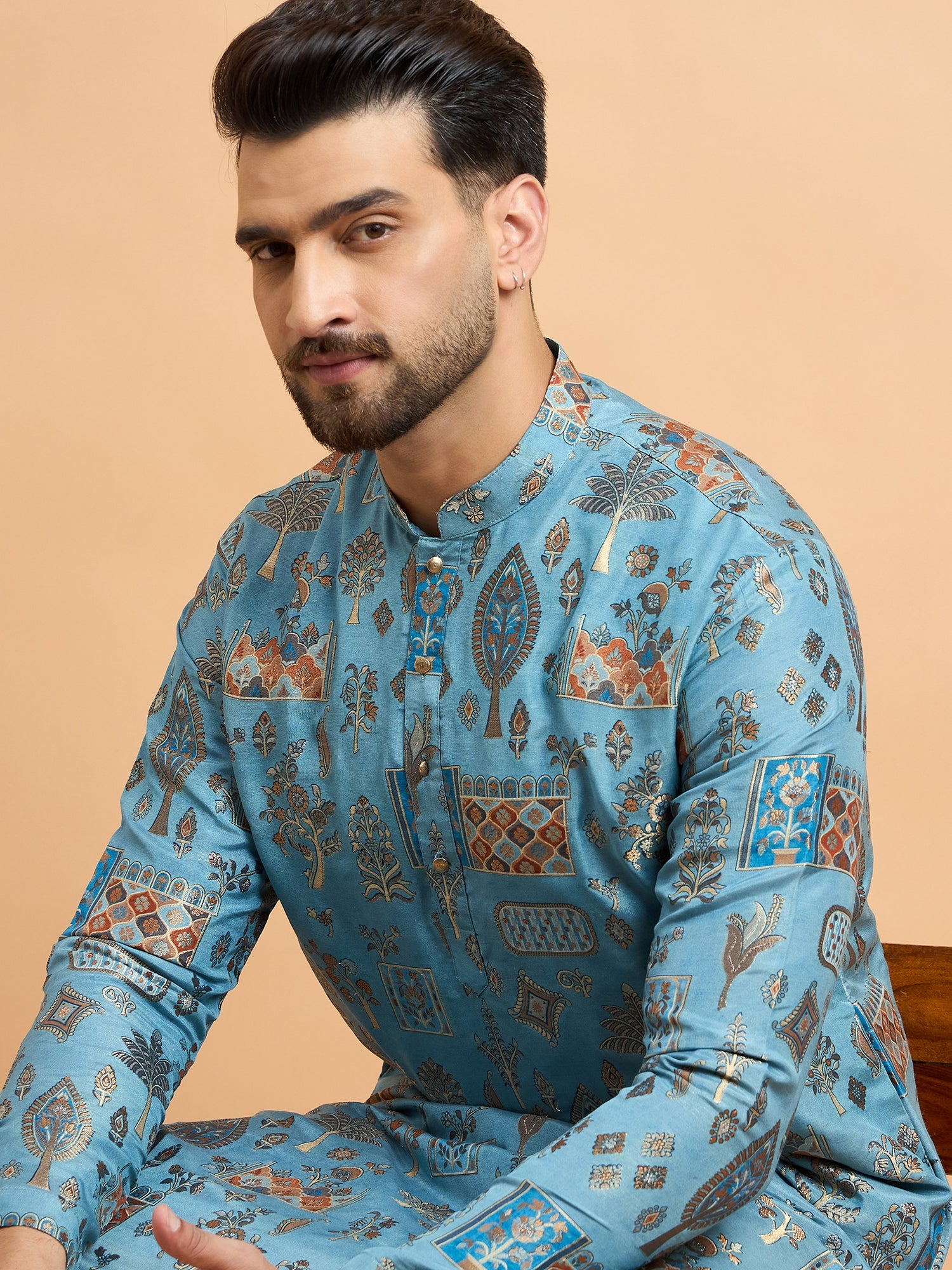 Blue Abstract Design Brocket Silk Kurta Set