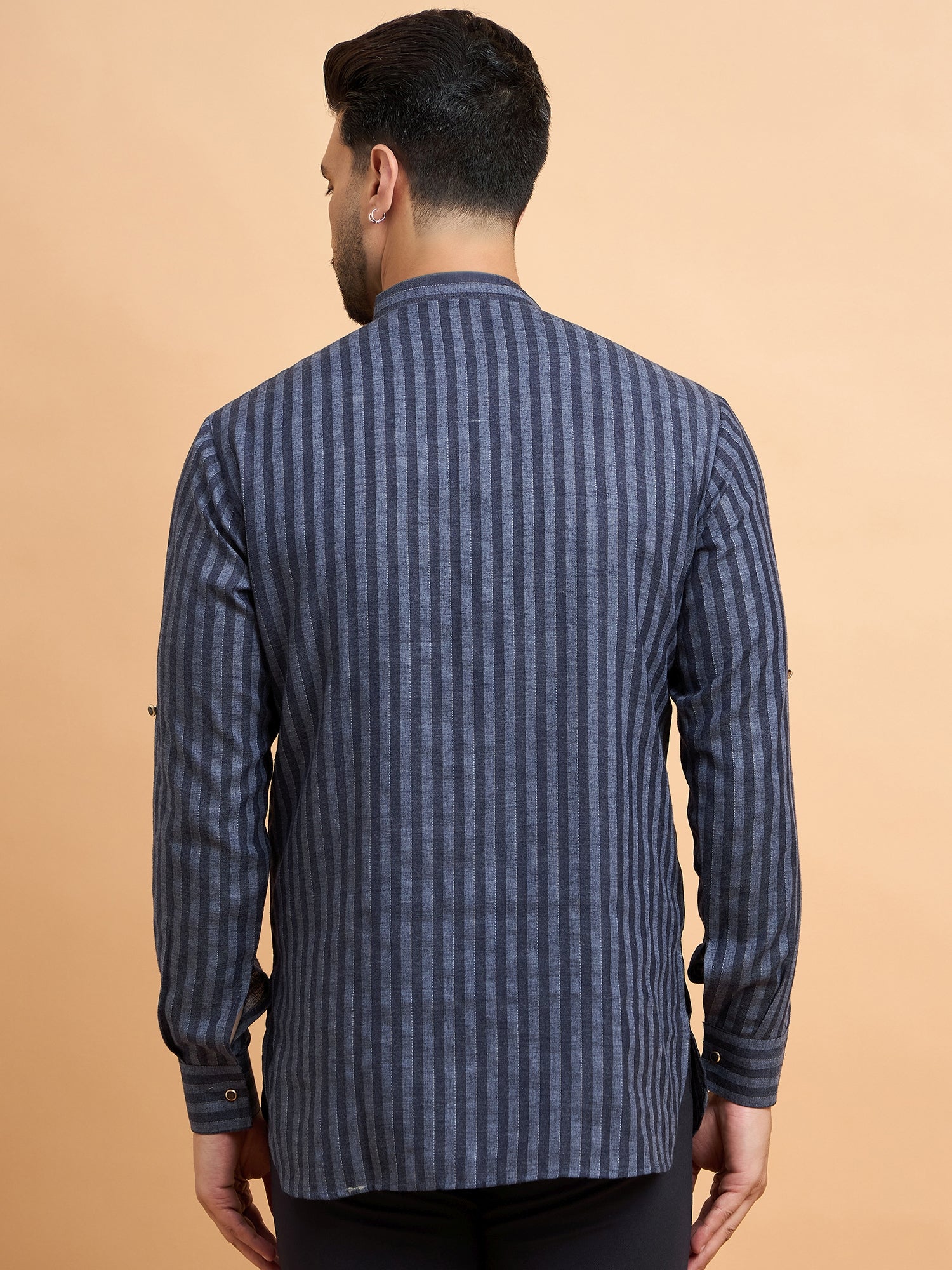 Blue Stripped Cotton Linen Short Kurta Only