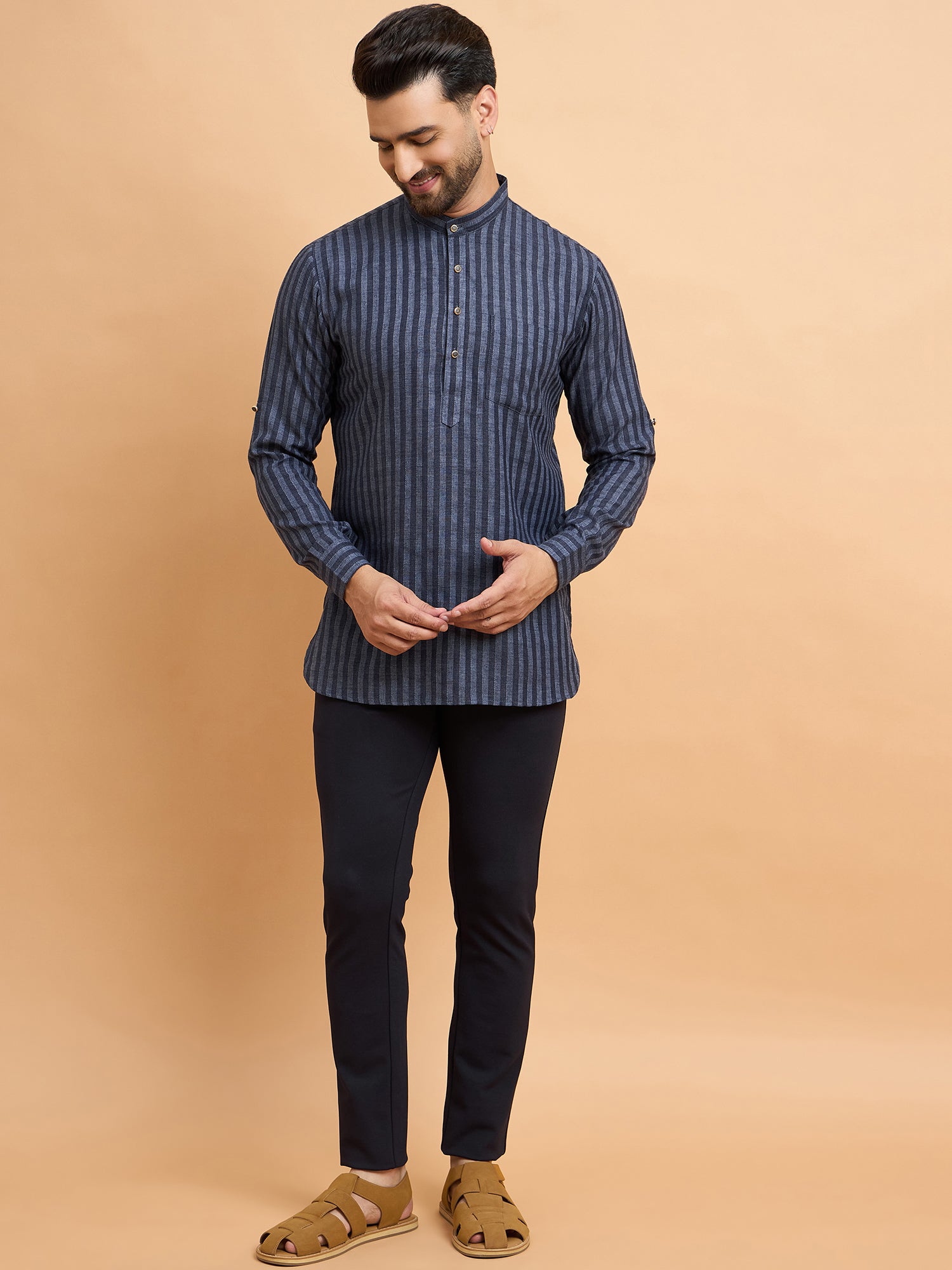 Blue Stripped Cotton Linen Short Kurta Only