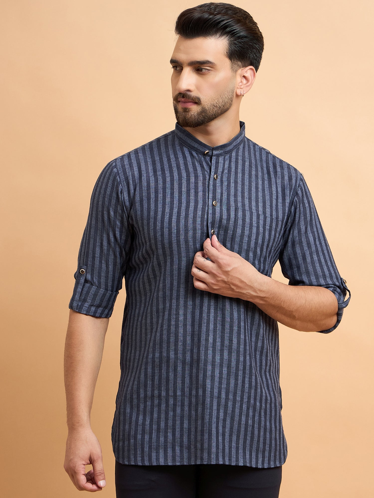 Blue Stripped Cotton Linen Short Kurta Only