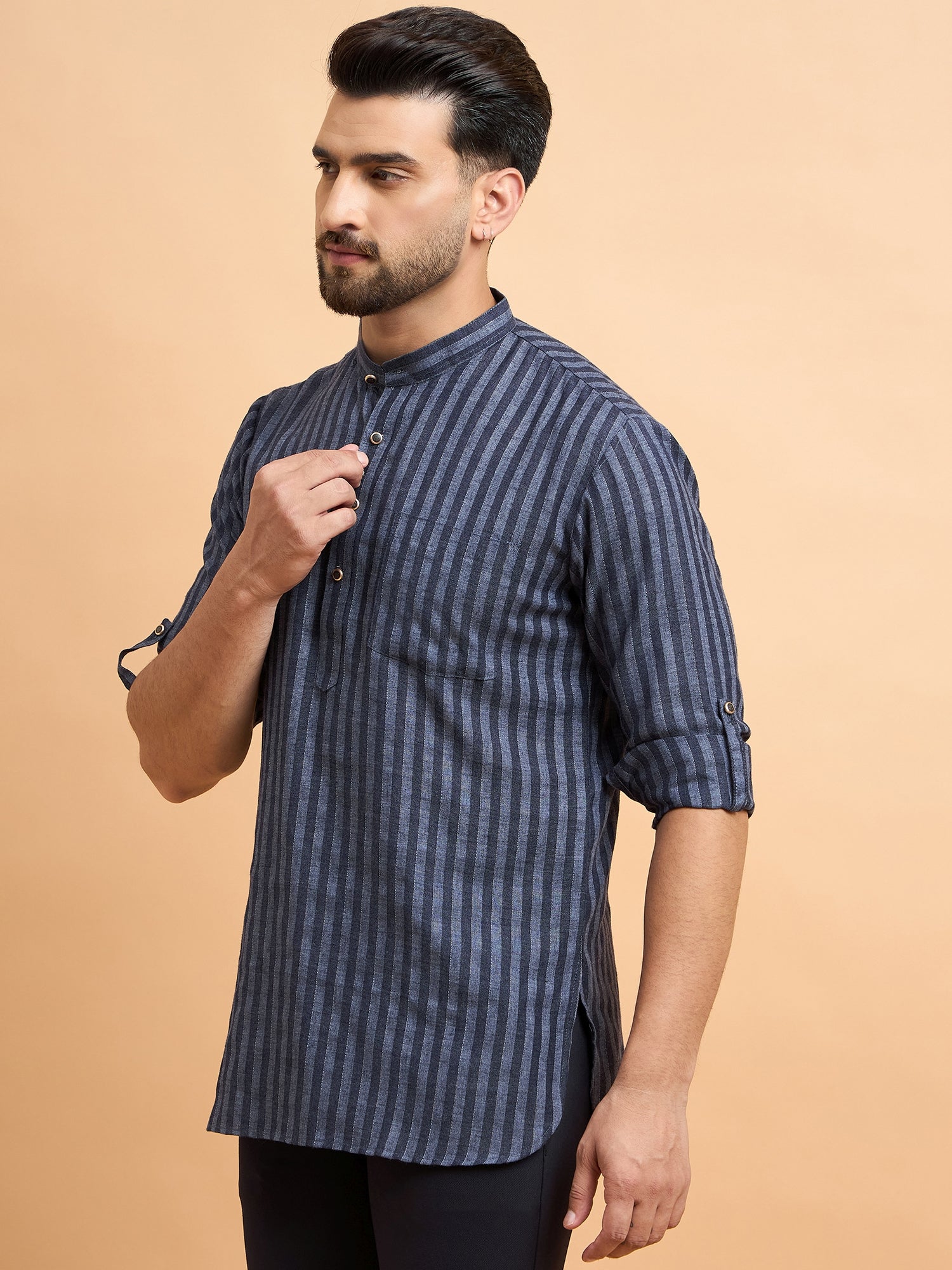 Blue Stripped Cotton Linen Short Kurta Only